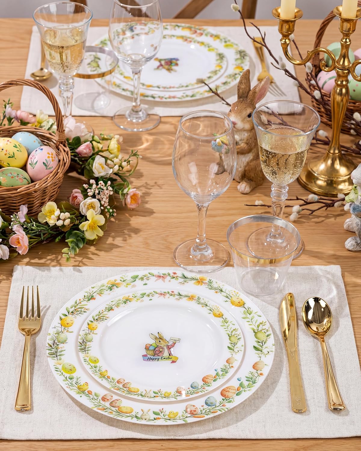 Nervure 40pcs Easter Plastic Plates - Bunny Plates Set Includes 20PCS 10.25" Dinner Plate & 20PCS 7.5" Dessert Plate, Heavy duty Plates, Easter Pink Eggs, Rabbit plates, Perfect for Easter Party