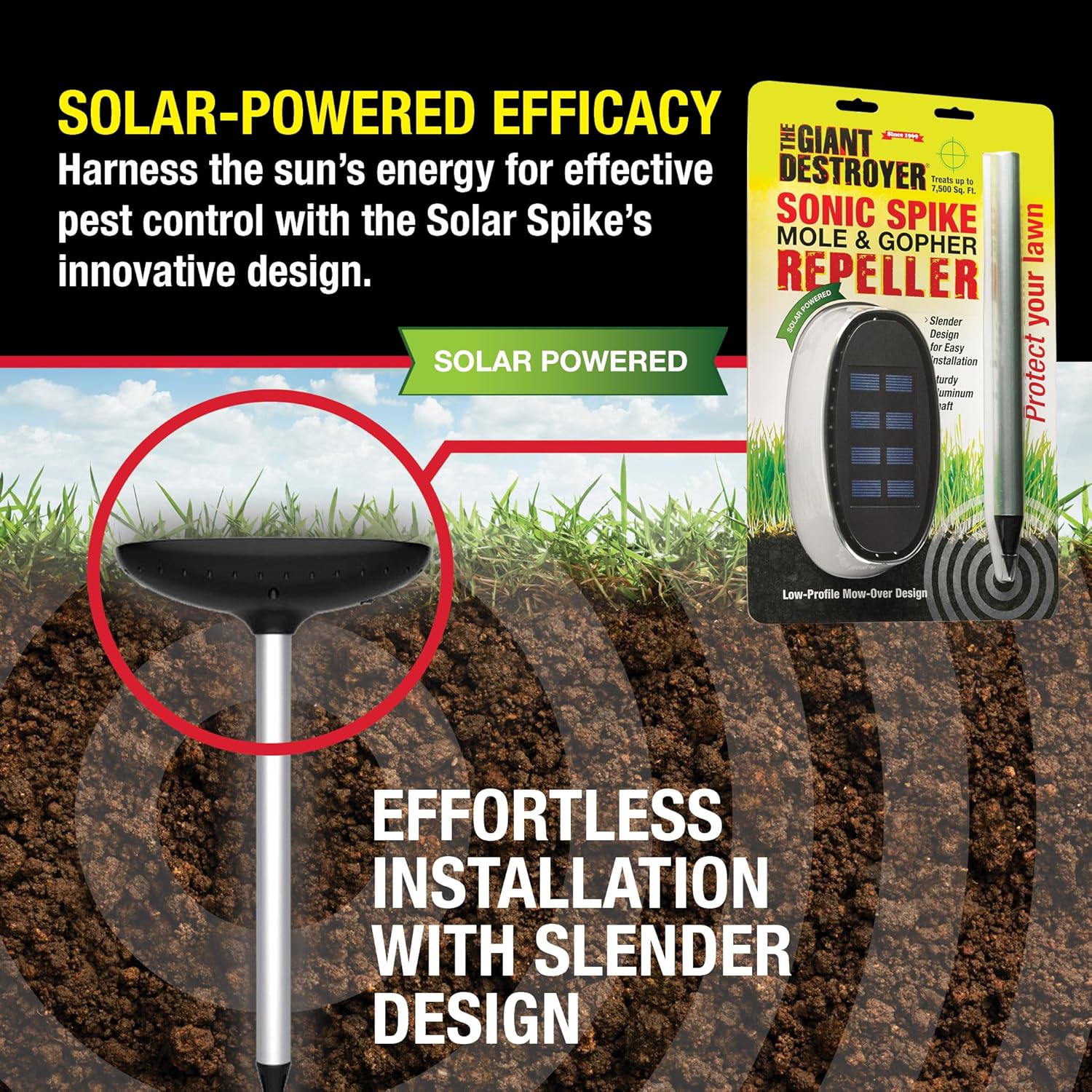 The Giant Destroyer Mole & Gopher Repeller - Solar Ultrasonic Spike Repels Rodents - Plastic