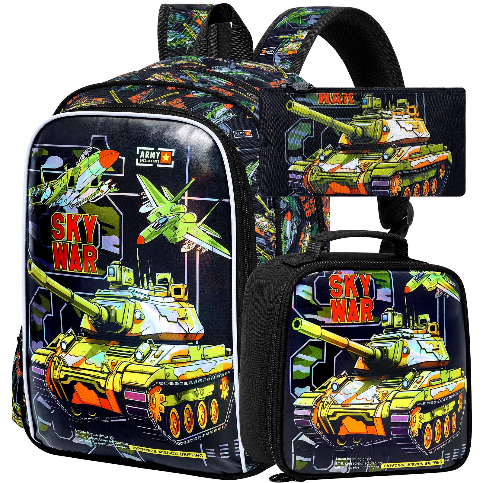 16" Tank Backpack for Boys, 3Pcs Kids Bookbag with Lunch Box, Cool School Backpacks Set for Elementary Preschool Kindergarten(Black)