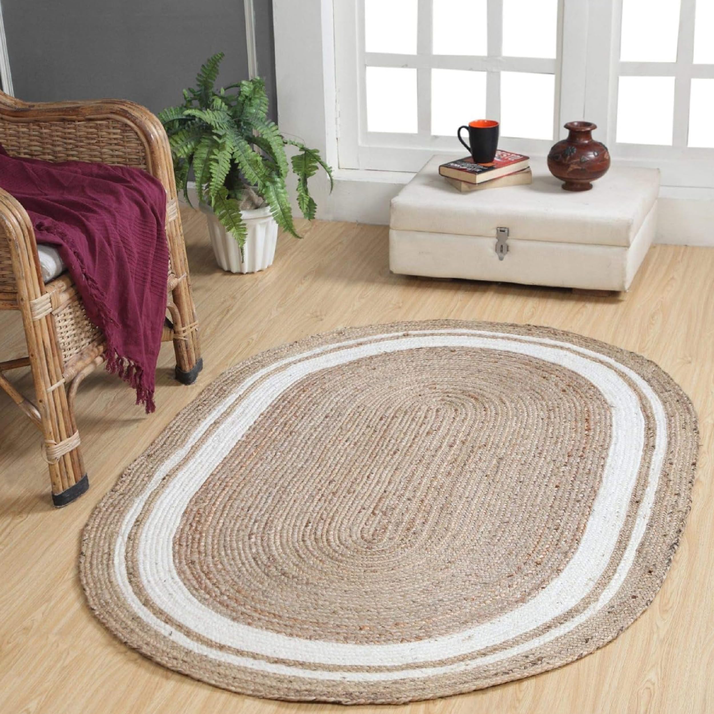 Second Nature Online KHIDAKEE Jute Oval Rug | Ethically Sourced | Eco-Friendly | Handwoven | Natural Fiber with White Stripe Design | Medium Size (90x150 cm)