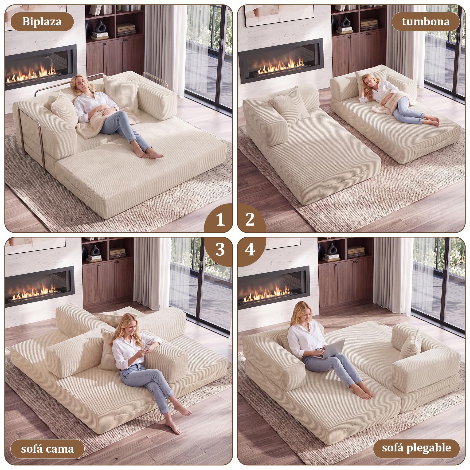 Vipbear Sofá Cama de Suelo 160cm,Plegable de Boneless de 2 plazas,Blanco | Desmontable,Plegable 5 en 1,Pana,Modular