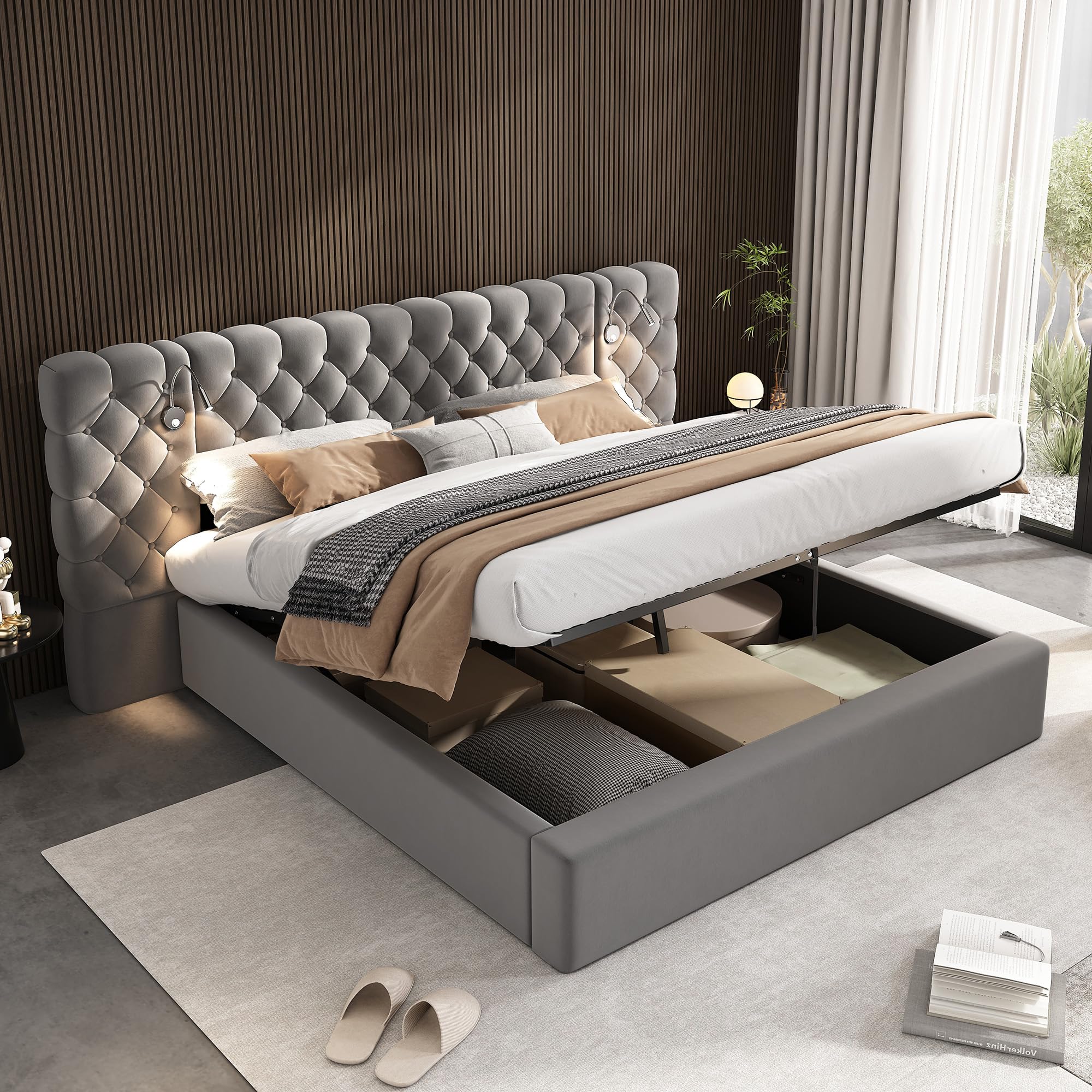 Cama Tapizada 180x200, Cama Doble con LED iluminación y Espacio de Almacenamiento, Hidráulica Modern Cama Matrimonio Juvenil con Cabecero Ancho y Suave y Somier, Gris, Terciopelo, Sin Colchón