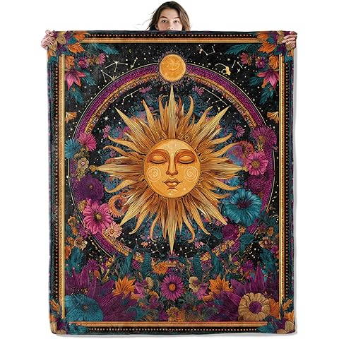 Mystical Sun Throw Blanket Soft Cozy Lightweight Flannel Blankets with Cosmic Flora...
