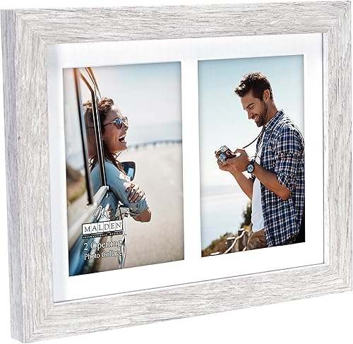 Miniatura 2 de Malden International Designs - Marco de fotos lineal de madera flotante de 3.5 x 5 pulgadas, 2 aperturas, color blanco jaspeado, MDF de calidad