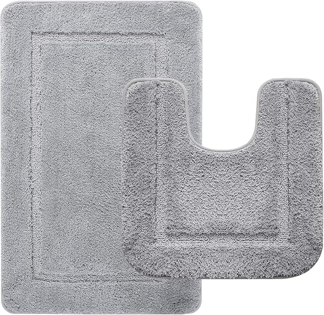 LOCHAS Soft Bath Mat Set, Includes 50X50cm Super Absorbent Toilet Mat and 53X86cm Microfiber Soft Shaggy Bathroom Rug, Non Slip Mats Carpet Machine Washable
