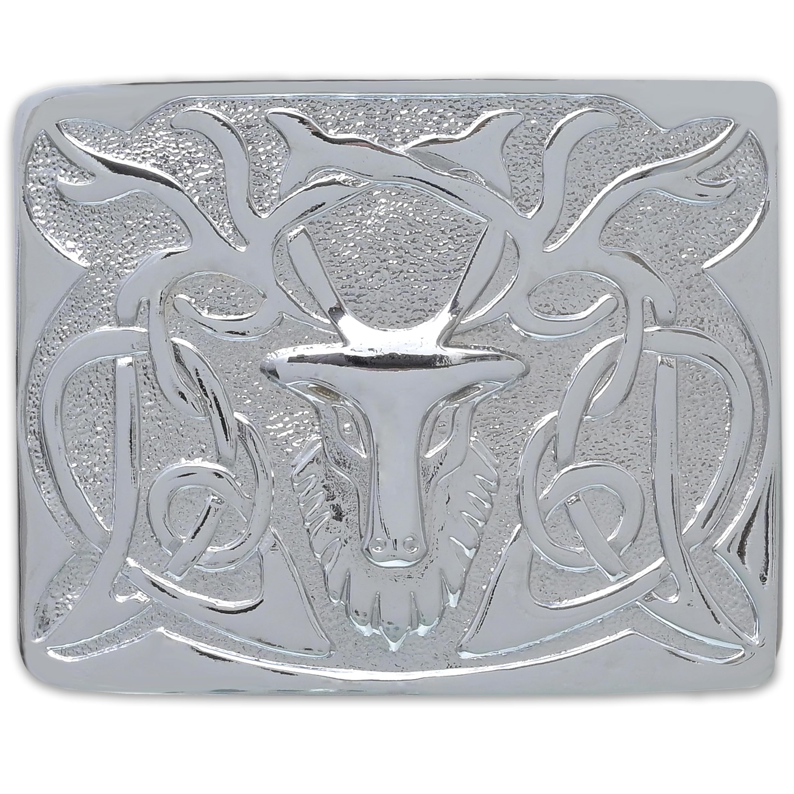 Scottish Stag Head Kilt Belt Buckle Antique Silver Finish - Traditional Highland Celtic Accessory For Men - Made of Pewter (Chrome Finish)