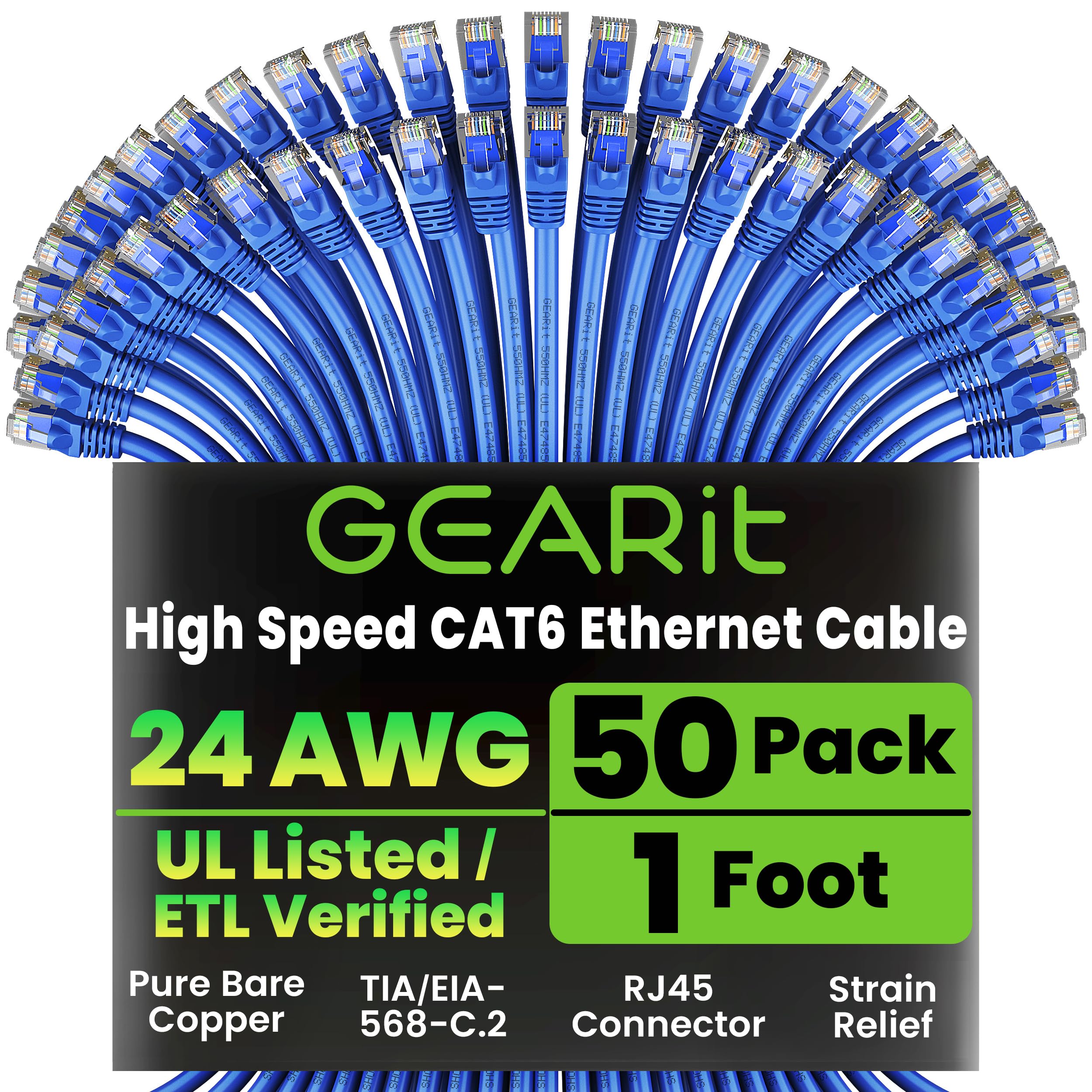 GEARit Cat 6 Ethernet Cable Pack - 50-Pack 1 ft Cat6 Ethernet Patch Cables | RJ45 Network Patch Cable, 10 Gbps Snagless Gold-Plated Connectors -