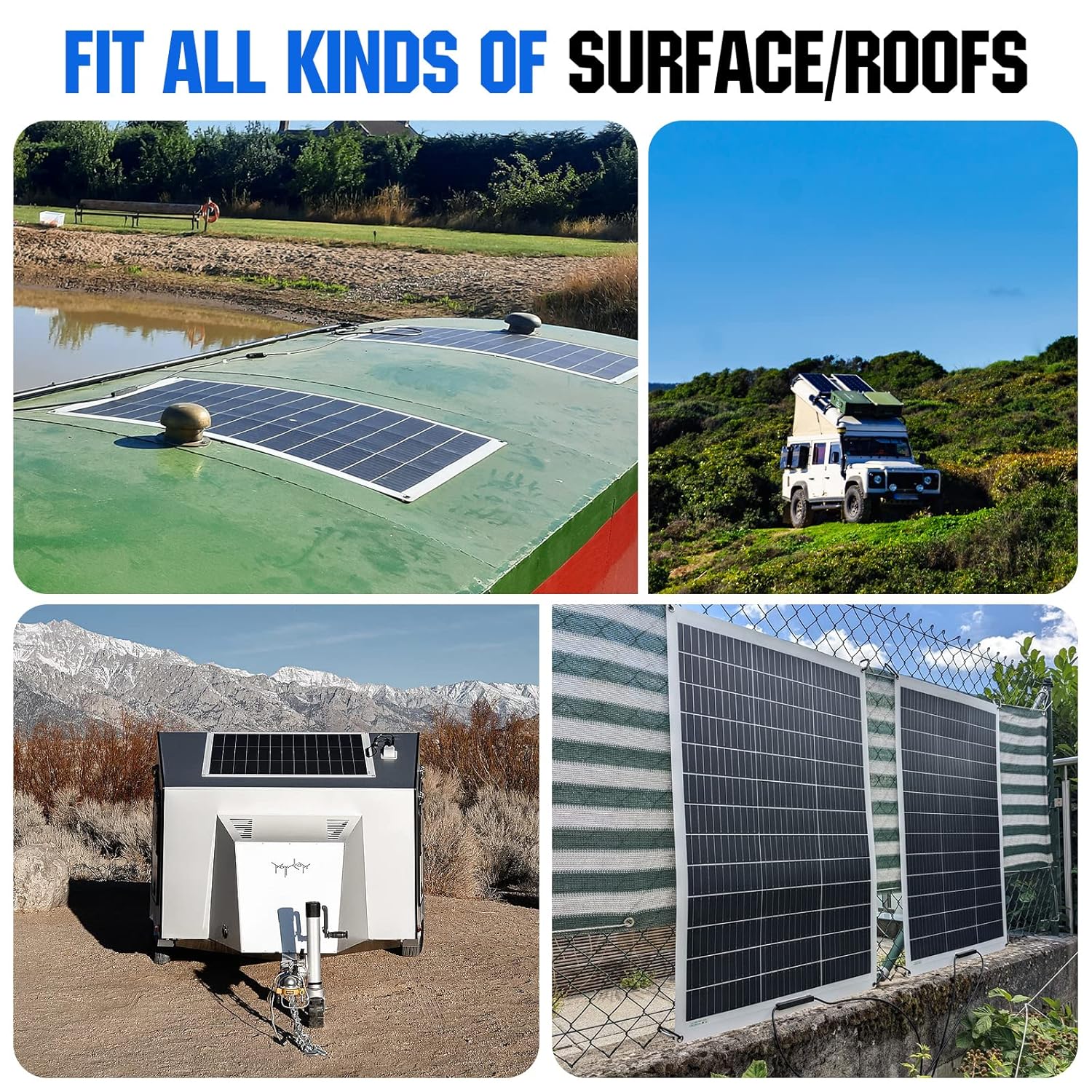 Various applications of flexible solar panels on different surfaces like RVs, boats, and fences