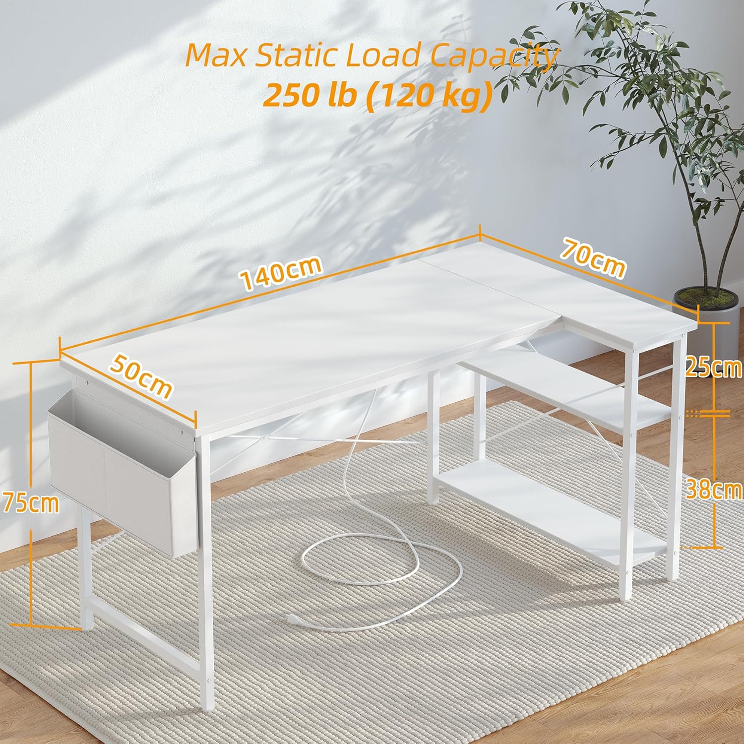 Desk dimensions and static load capacity: 140cm length, 70cm width, 75cm height, 250lb (120kg) max load