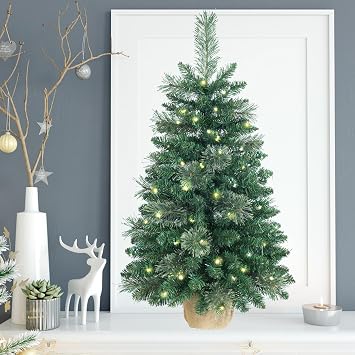 Pre-lit artificial Christmas tree 90cm/3ft,100 PVC Branches Tips+20 Flowering Pine Needles+Burlap Wrapped Plastic Base,Green Xmas Tree for Tabletop or Desk