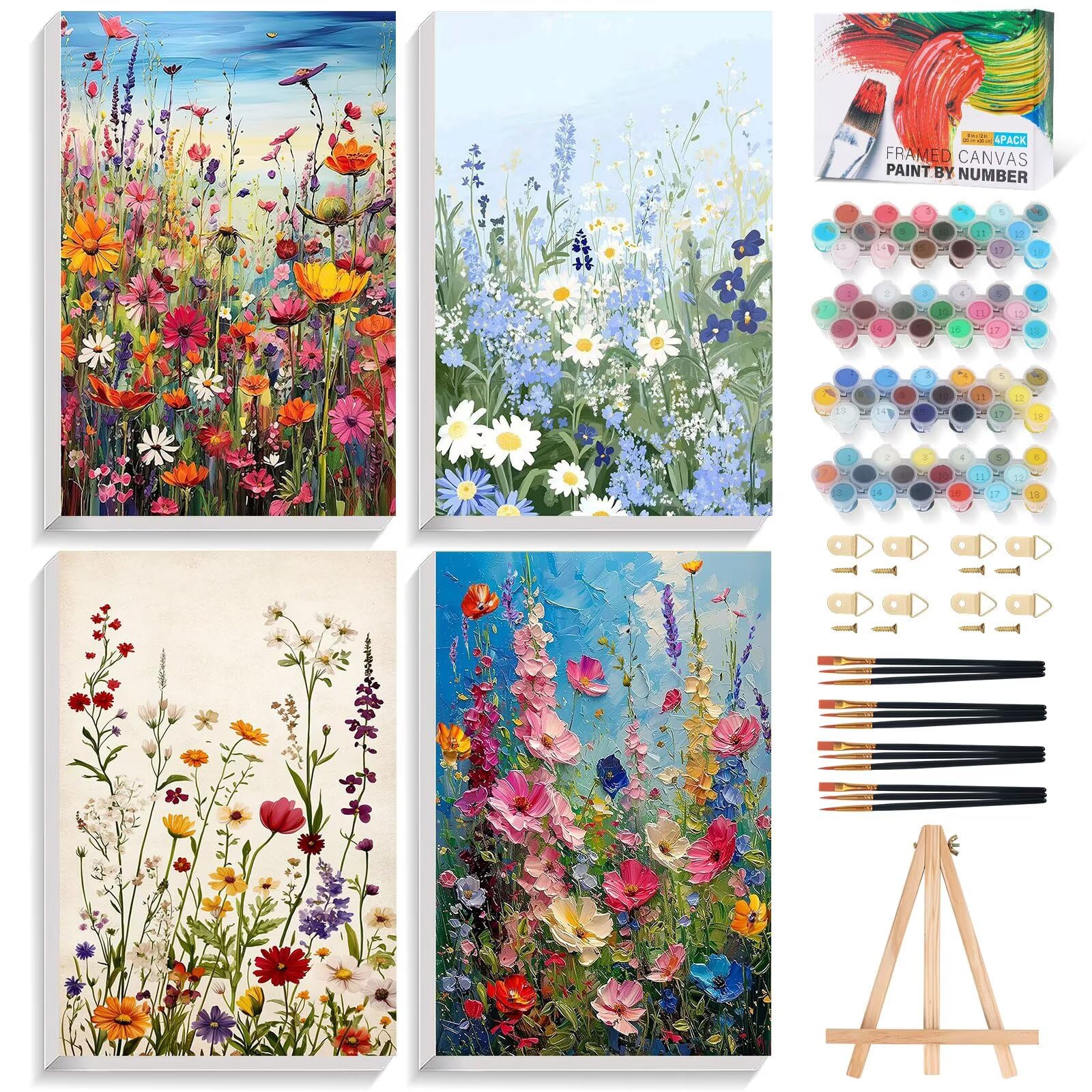 4 Pack Paint by Numbers for Adults with Frame, Wildflowers Adult Paint by Number Canvas Kits with Wooden Easel, DIY Acrylic Colorful Wildflowers Painting by Numbers for Home Wall Decor Gift 8x12 Inch