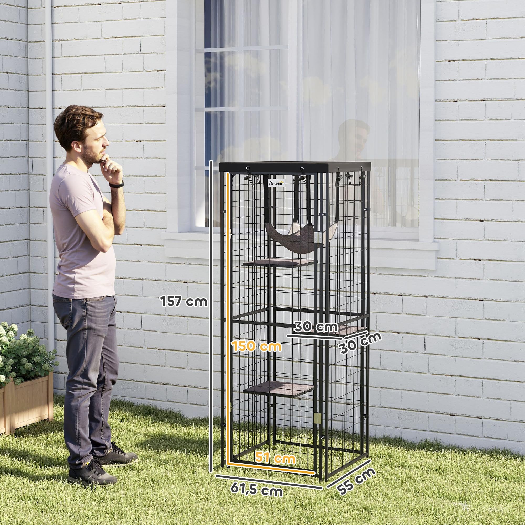 PawHut Jaula para Gatos para Exterior e Interior Recinto para Gatos con Cubierta Impermeable 3 Plataformas Hamaca Cojines y Puerta 61,5x55x157 cm Negro