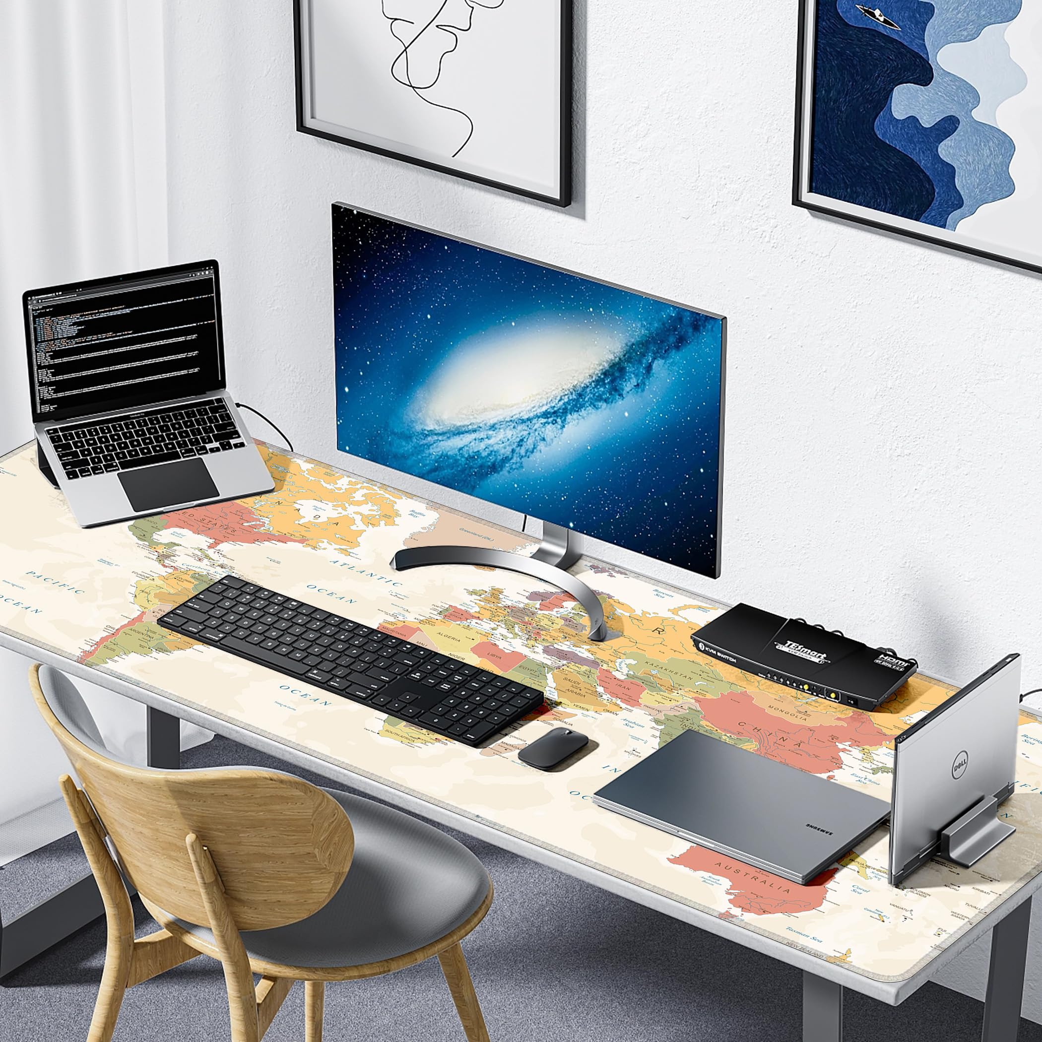LL-COEUR Weltkarte Große Mousepad mit Vernähte Kanten 140x50x0,3cm Erweitertes Mauspad Tastaturunterlage Large Tischunterlage mit Rutschfeste Gummibasis XXL