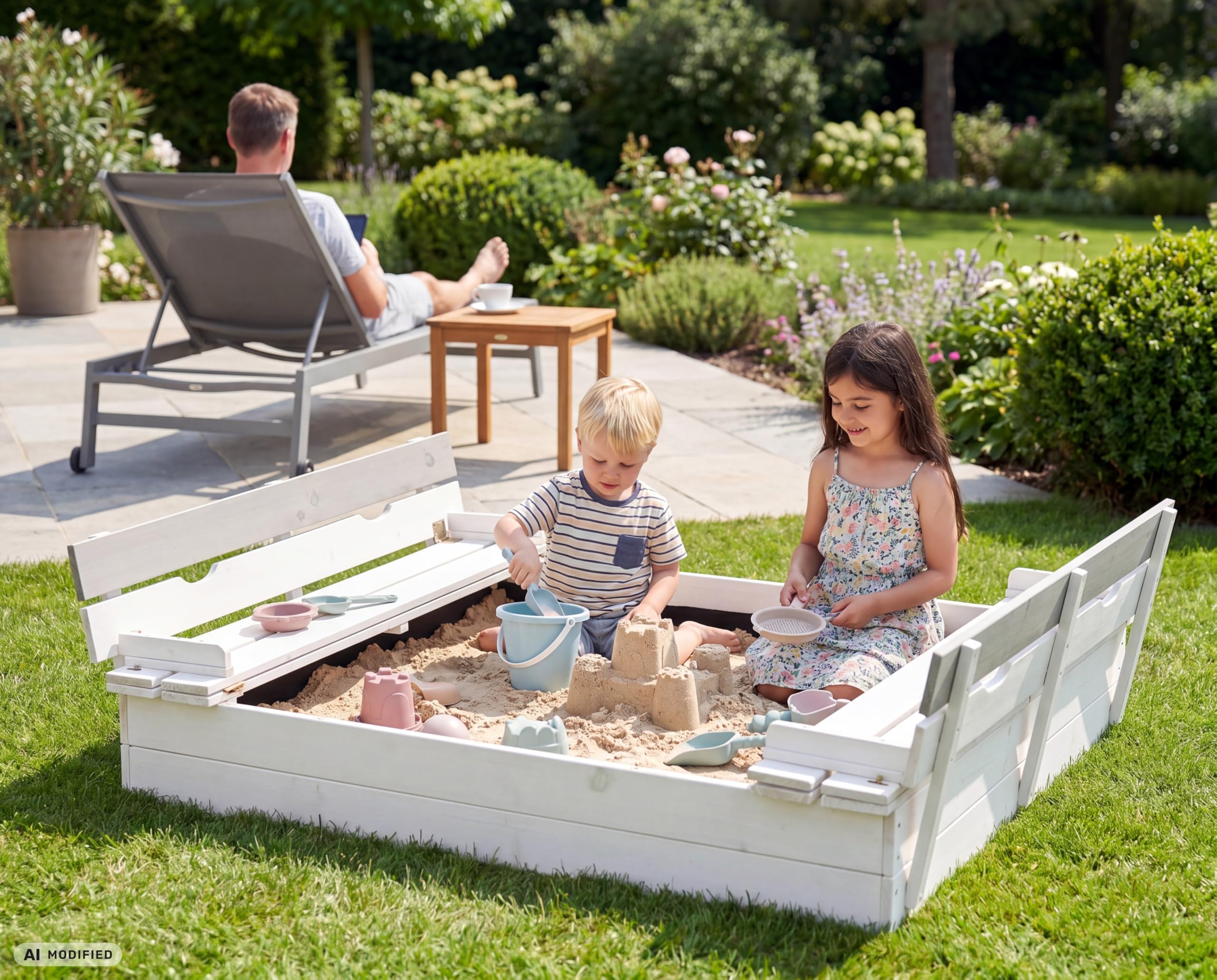 Bac à Sable en Bois avec Couvercle pour Enfants, avec bancs, siège, Sol, carré, rectangulaire extérieur, pour Jardin et Jeux, Blanc Gris