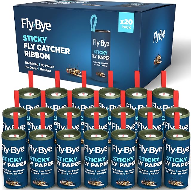 Fly-Bye - 20x Fly Catcher Ribbons - Fly Catcher Indoor - Fly Trap - Fly Paper - Fruit Fly Trap - Sticky Fly Trap - No Poison/Odour/Mess - Environmentally Friendly - 20 Pack