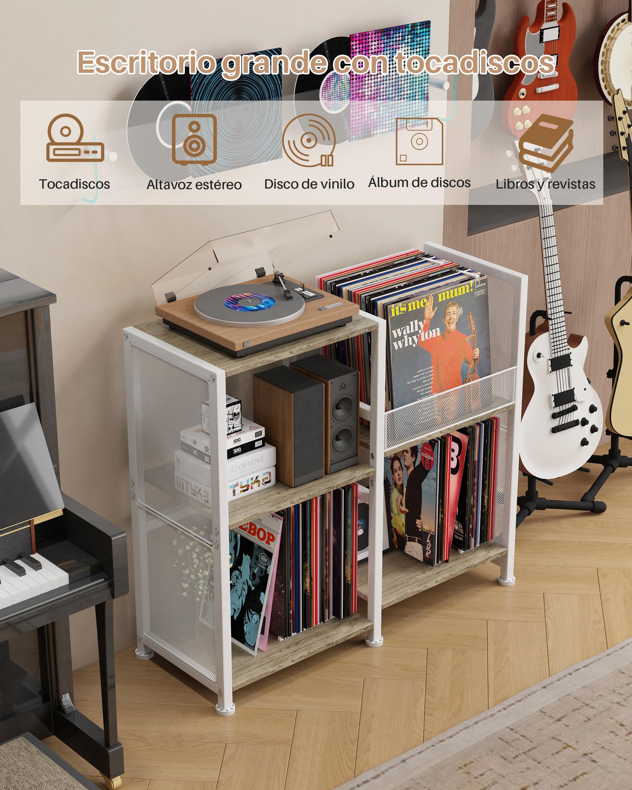 Soporte para tocadiscos, armario de almacenamiento para discos de vinilo | soporte para tocadiscos con espacio de almacenamiento para discos de vinilo para hasta más de 200 álbumes, Blanco