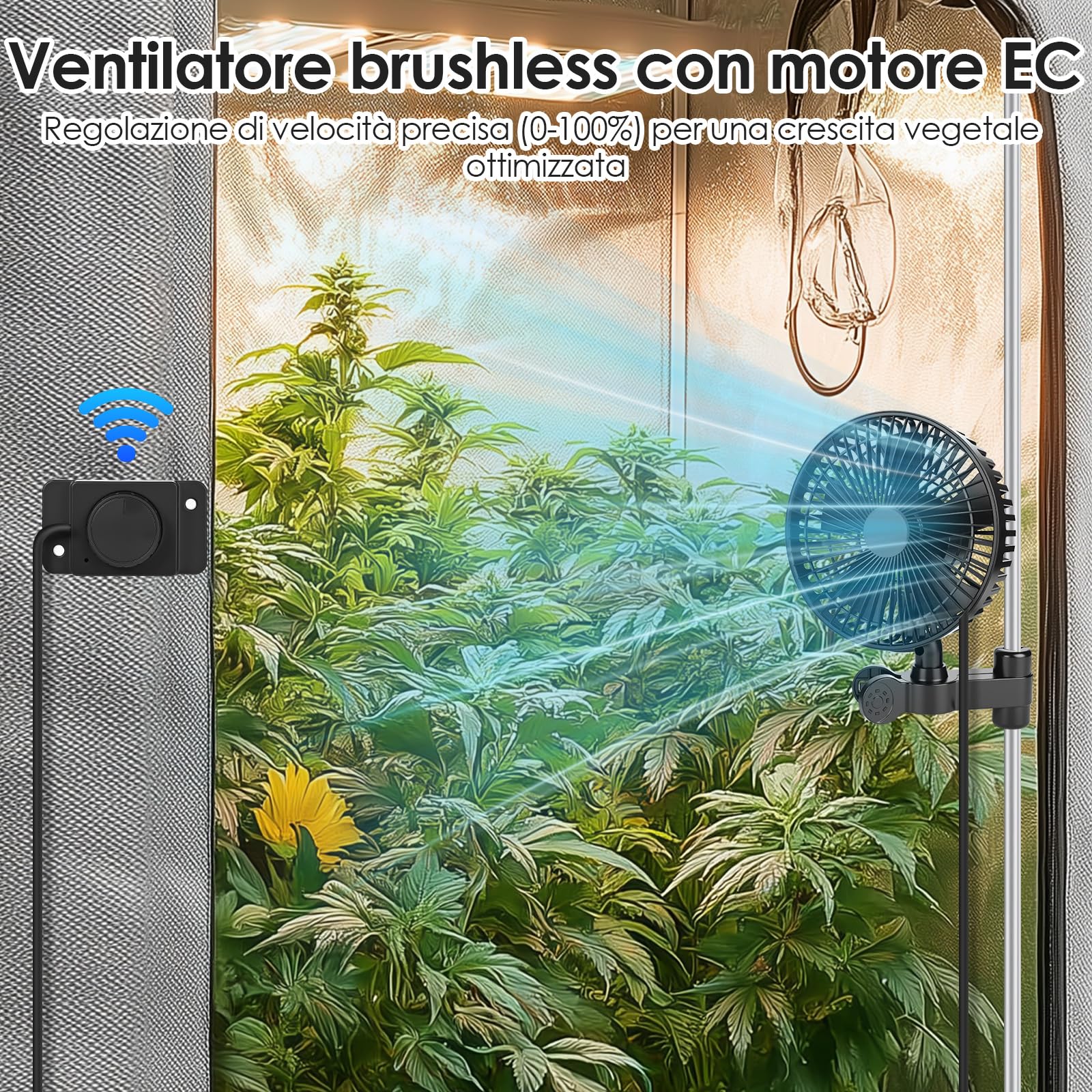 Grow Ventilatore con Clip e Regolatore di velocità Continuo, Motore EC, 2100 Giri/min, Oscillante, 10W, IP44 - Ventola per Growbox/Tenda
