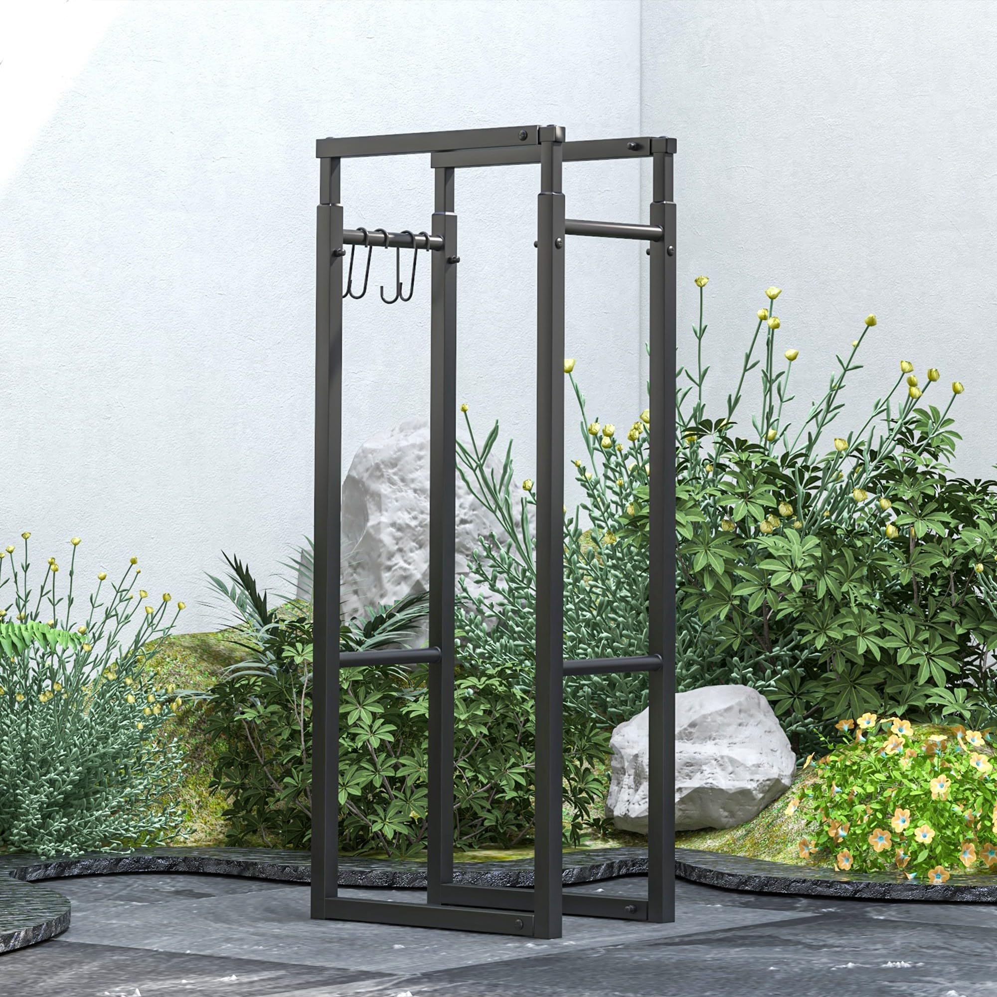 Outsunny Portalegna da Interno ed Esterno in Metallo, Legnaia Regolabile in Larghezza e Altezza con Ganci a S, 40-65x25x100-150 cm, Nero