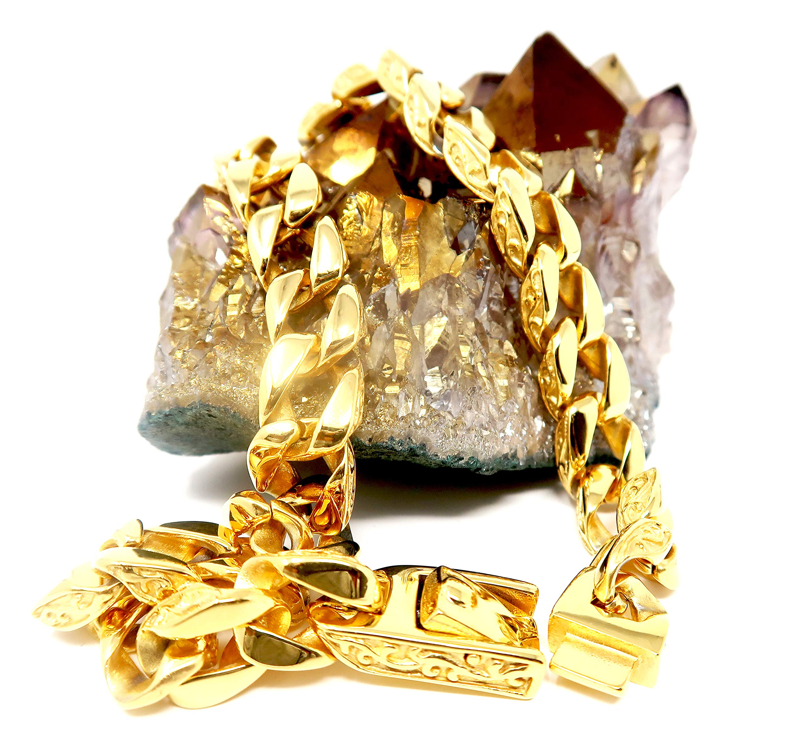 Gold Cuban Link Chain Necklace for Men Real 14MM 24K Karat Diamond Cut Heavy w Solid Thick Clasp US Made