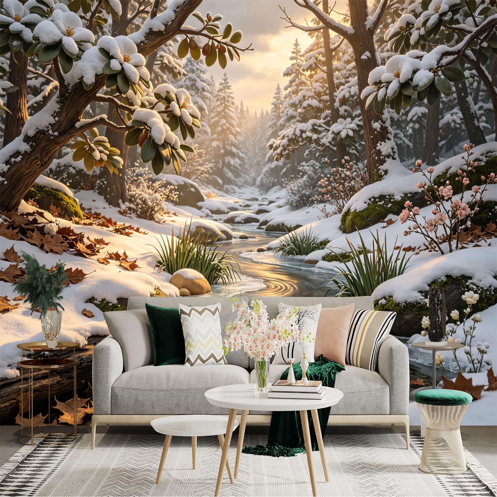 Lnzczhyre Bh260719406 Custom Size Wall Sticker Mural， Winter Landscape With Frozen River， Snowy Forest And Sunlight， For Wall Decoration， Peelandstick Wall Decals.