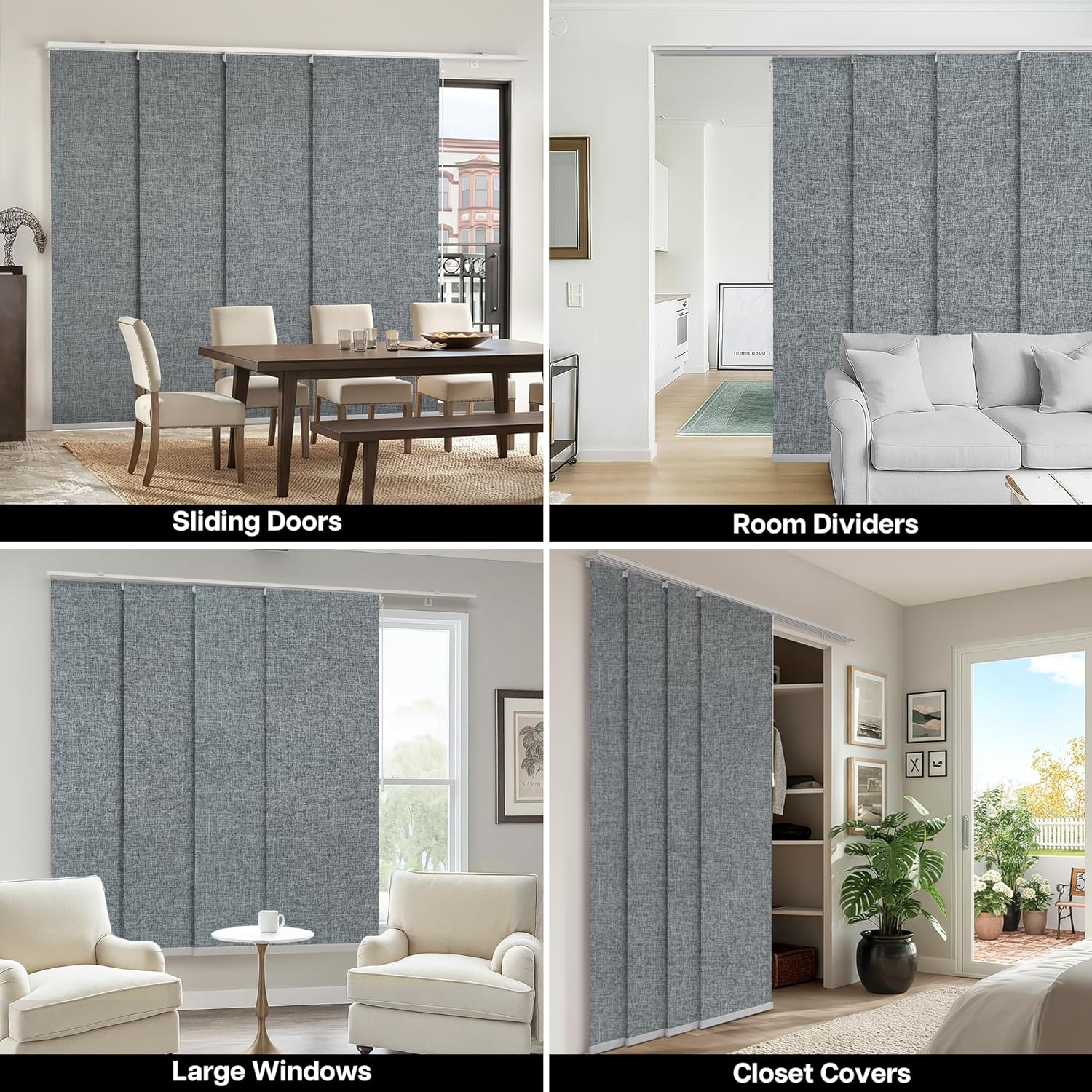 4-Panel Replacement Fabric for Sliding Panel Track Blinds – 23" W x 96" L – Fabric Only – Pre-Attached Hook & Loop Fasteners – Trimmable, No Bottom Rail Included, Room Darkening - Grey