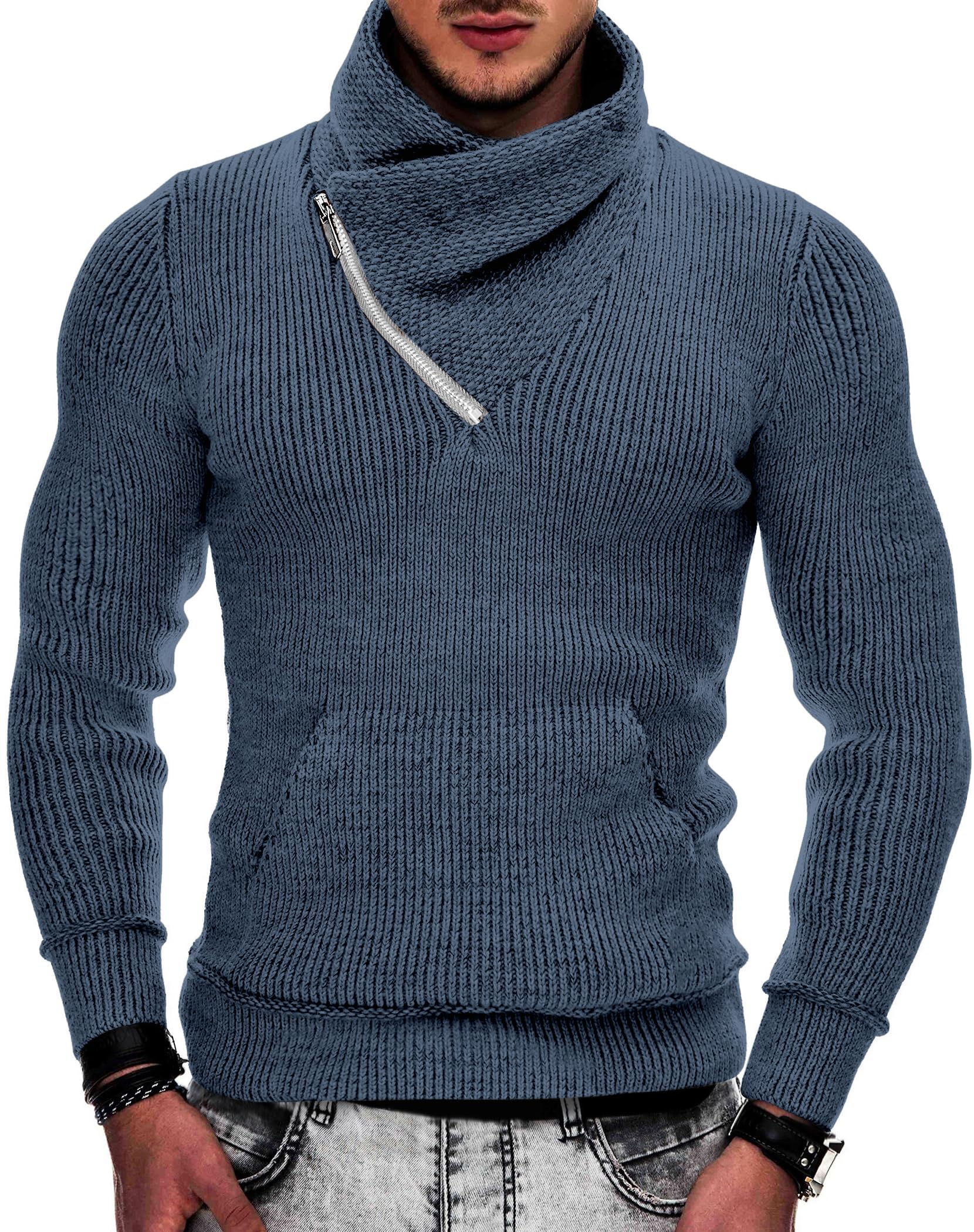COOFANDY Maglione da uomo a collo alto lavorato a maglia, con collo a scialle, slim fit, con tasche
