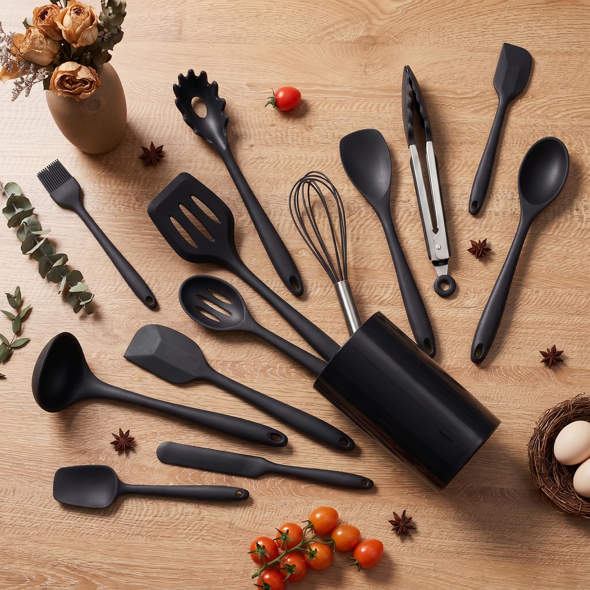 LIANYU Juego de 14 utensilios de cocina con soporte, utensilios de cocina de silicona resistentes al calor, incluye espátula, cuchara, batidor, pinzas, aptos para lavavajillas, color negro