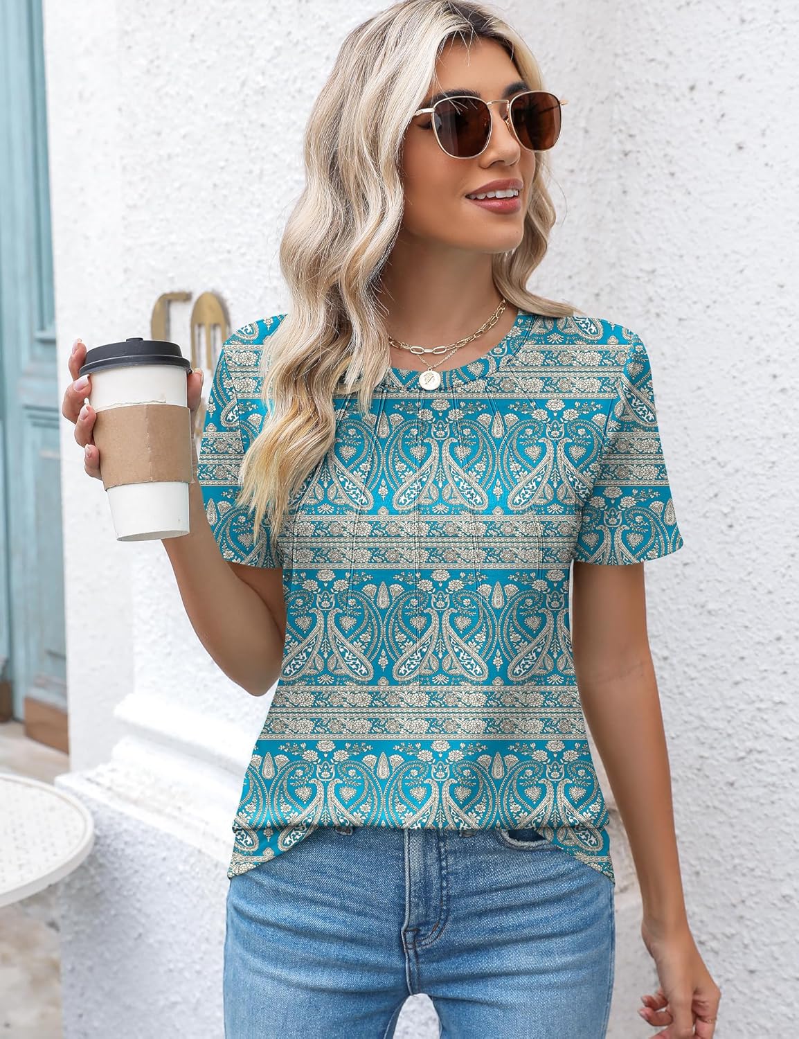 Kistore Womens Casual Crew Neck Short Sleeve Pleated Tops Blouses Fashion Clothes 2026 - Image 5