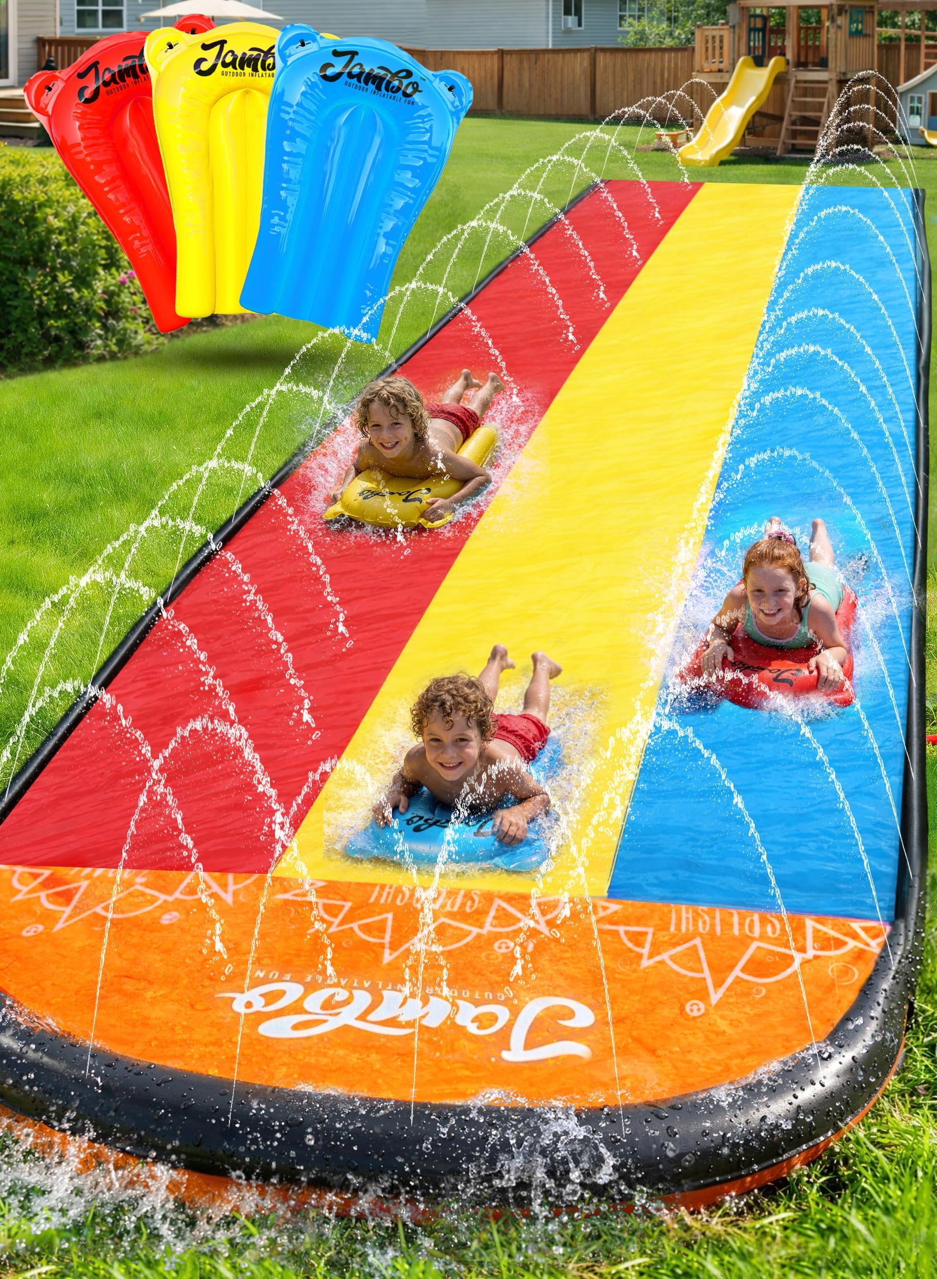Premium Slip Splash and Slide, Three- Way Sprinkler System with 3 Body Boards, 16Ft Water Slide with Advanced Sprinklers System | Backyard Waterslide Outdoor Water Toys Slides for Kids