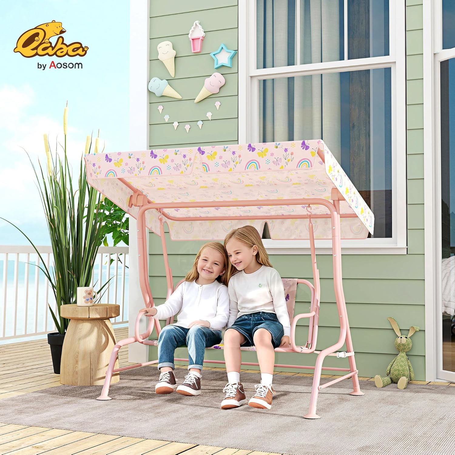 Qaba Kids Patio Swing, 2-Seater Outdoor Porch Swing Chair with Adjustable Canopy, Safety Belt, Rainbow Pattern Hanging Swing Bench for Garden, Backyard, Pink