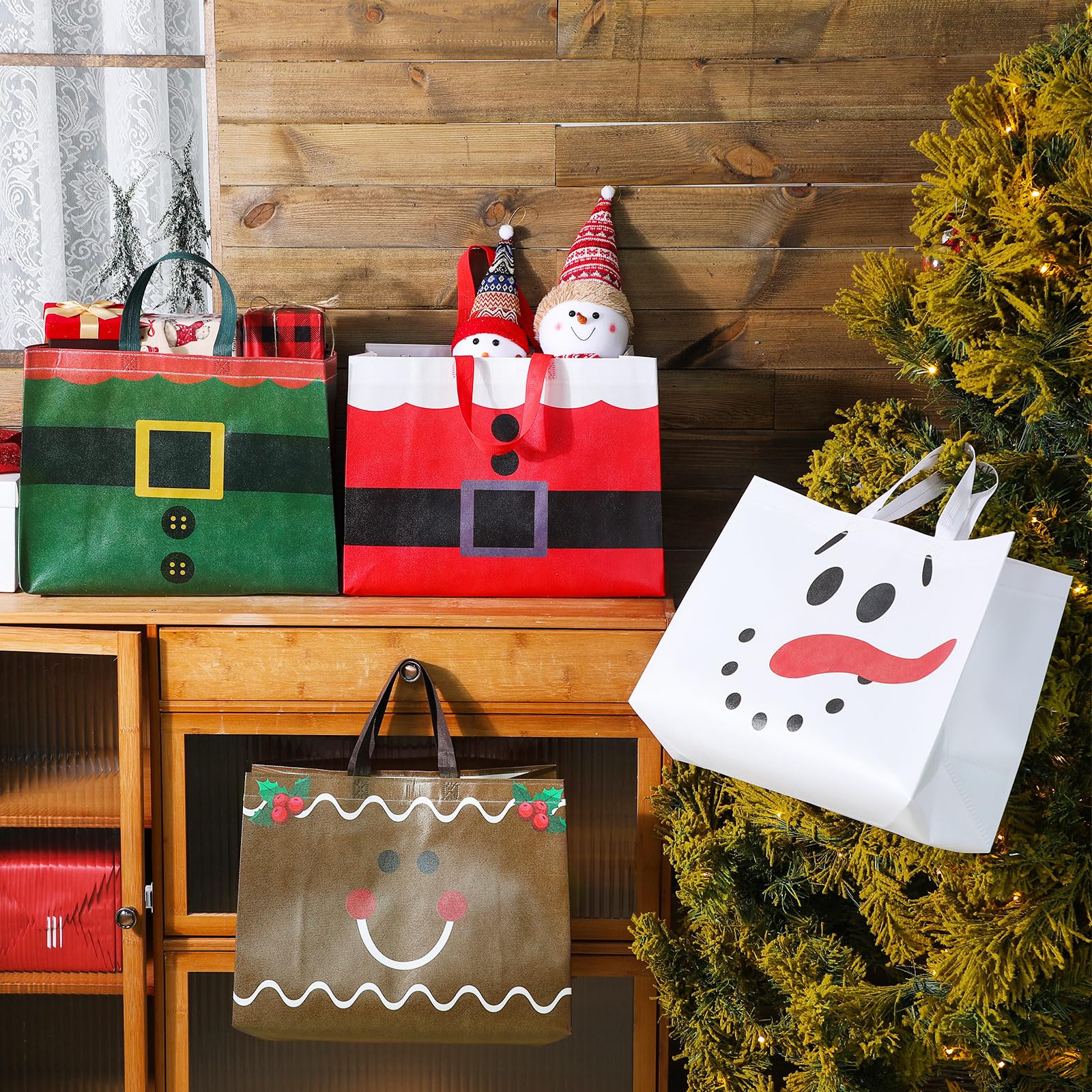 Hosuly 16 bolsas de regalo de Navidad, bolsas de Navidad con asa, bolsas de compras reutilizables grandes, no tejidas, bolsas de compras para regalos de Navidad, suministros de fiesta, 16.9 x 12.6 x