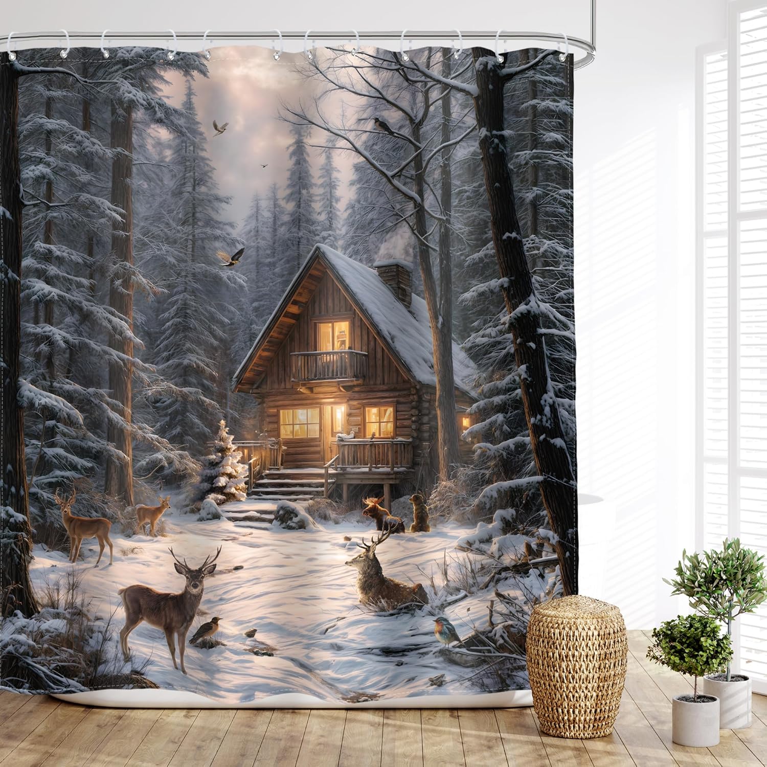 Glawry Winter Christmas Shower Curtain Rustic Cabin Snow Scenery Deer Wonderland Woodland Nature Snowy Pine Tree60Wx72L Inches Bath Accessories Art Home Decor Fabric 12 Pack Hook