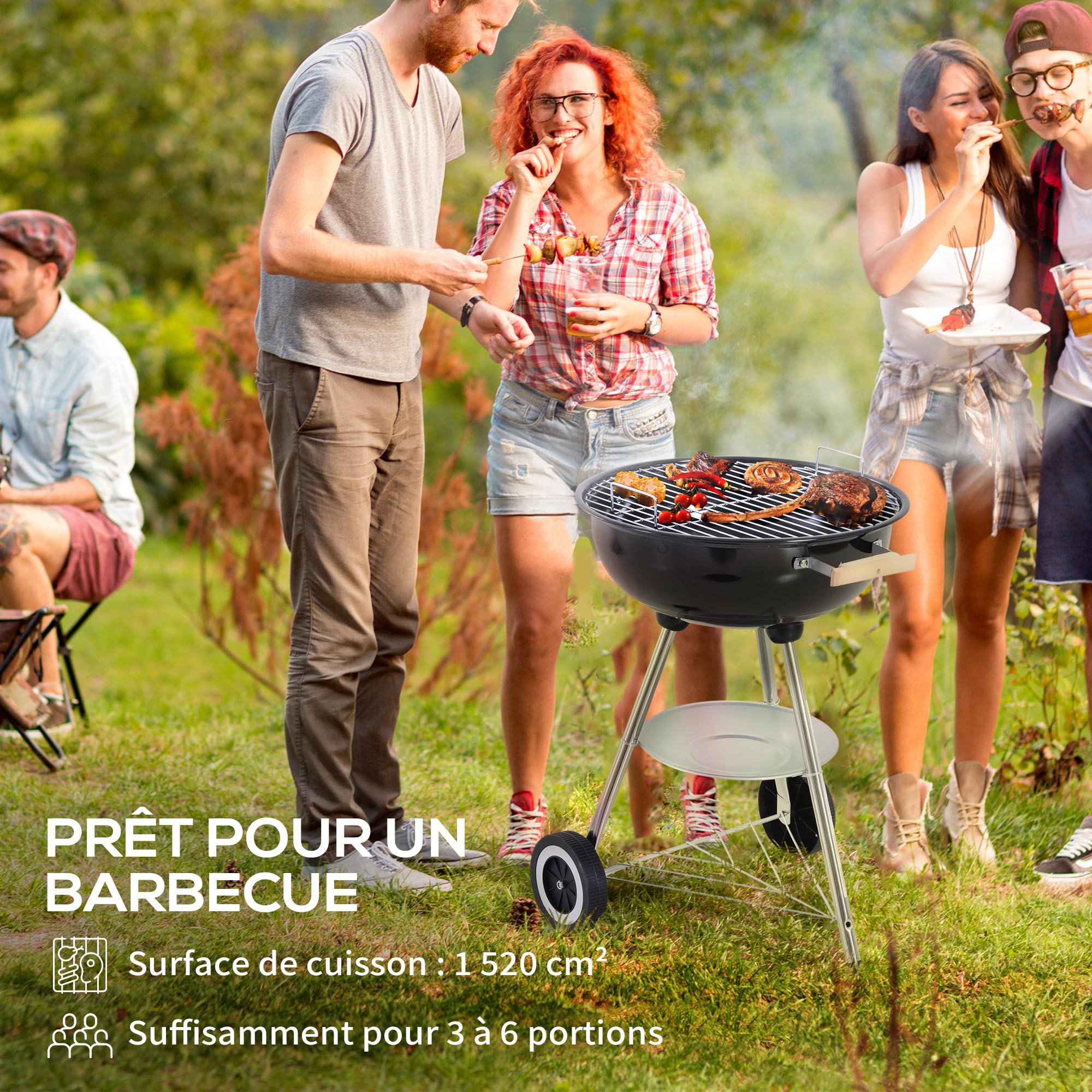 Outsunny Barbecue À Charbon Rond Bois Couvercle Roues 48x56x94 cm Noir