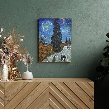 ★秀作★ 手書き油絵 ゴッホ 糸杉と星の見える道 額付 絵画 インテリア 油彩画 手書き油絵 ゴッホ 糸杉と星の見える道 額付 絵画 インテリア