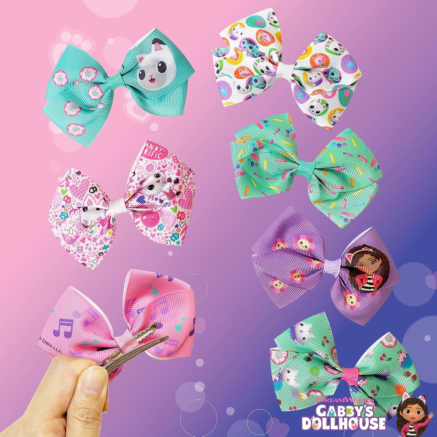 Gabby's Dollhouse Hair Bows - Hair Accessories Gift Set - 7 Pcs 4 Inch Bundle for Girls Different Character on each Hair Clip Kids Bow - Alligator Clip - Ages 3 +