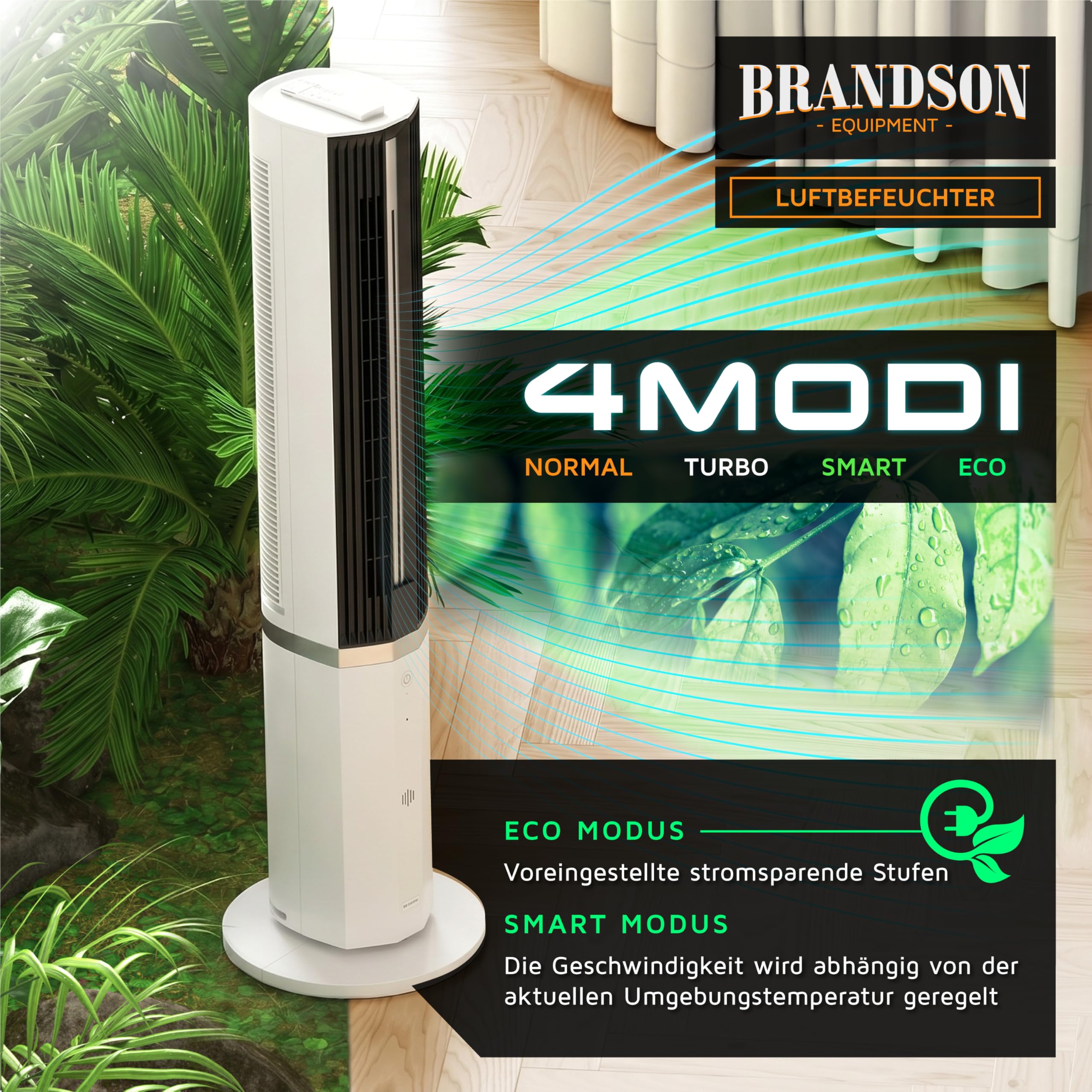 Brandson - mobiles Klimagerät inkl. Luftbefeuchter - Sieger Ventilatoren und Luftkühler 2026 - Turmventilator mit Wasserkühlung - DC Motor sehr leise – 12 Geschwindigkeiten - Fernbedienung