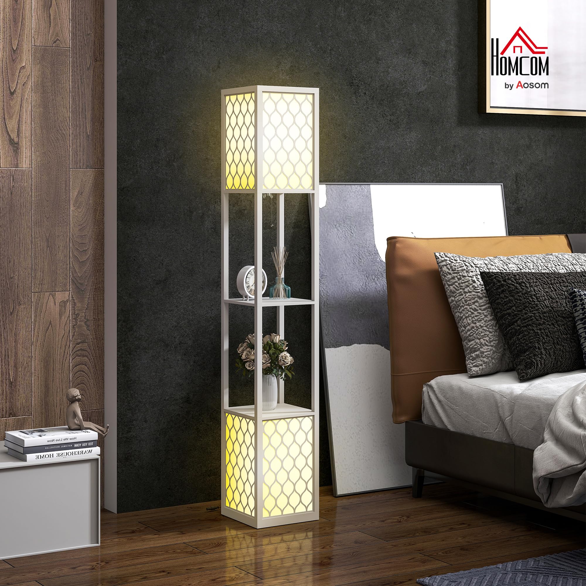 HOMCOM Lámpara de Pie con Estante, 2 Lámparas con Casquillo E27, 2 Estantes, 4 Niveles, Diseño de Nido de Abeja, Pantalla de Terileno Algodón, MDF, Gris