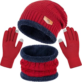 Winter Beanie Hat Scarf and Gloves Set For Men Women,Warm Beanie Hat Soft Neck Scarf and Touch Screen Gloves for Cold Weather