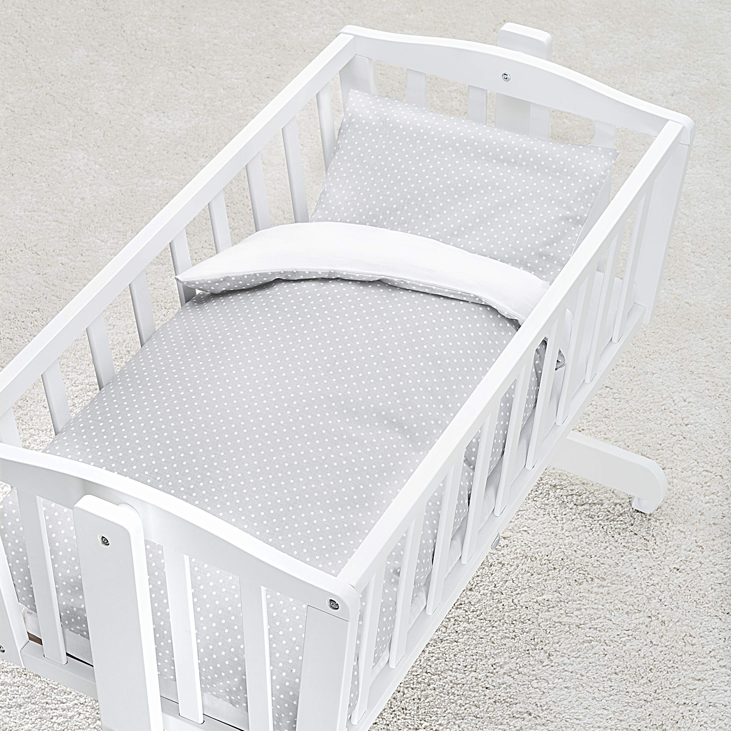 Fillikid Juego de Funda Nórdica 80x80 cm y Almohada 35x40 cm para Minicunas y Moisés - Set de Nórdico para Recién Nacidos 100% Algodón - Ropa de Cama para Bebés - Topos Gris/Blanco