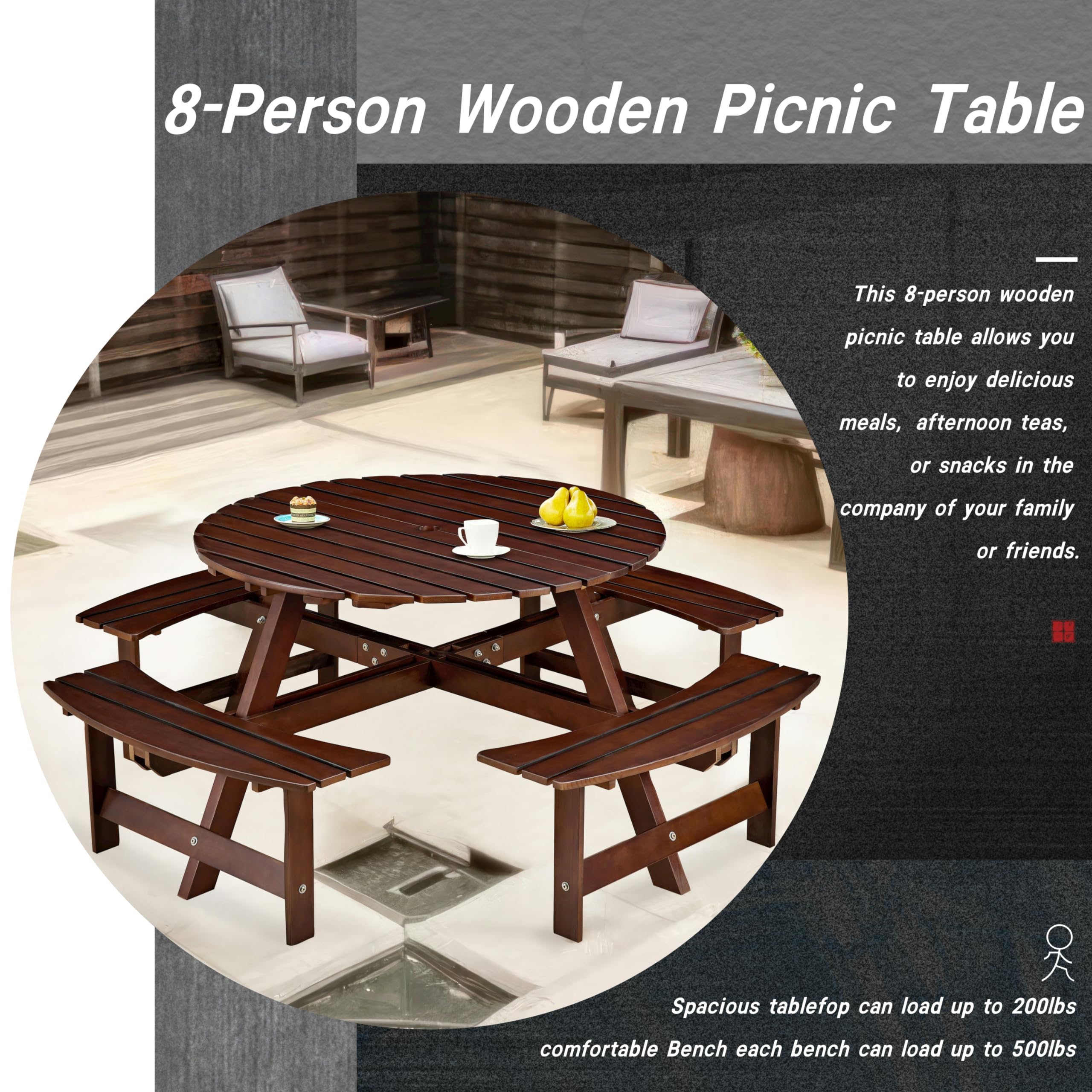 Ensemble table de salle à manger ronde en bois pour 8 personnes avec 8 chaises et bancs intégrés, trou pour parasol, idéal pour les réunions de jardin et de jardin