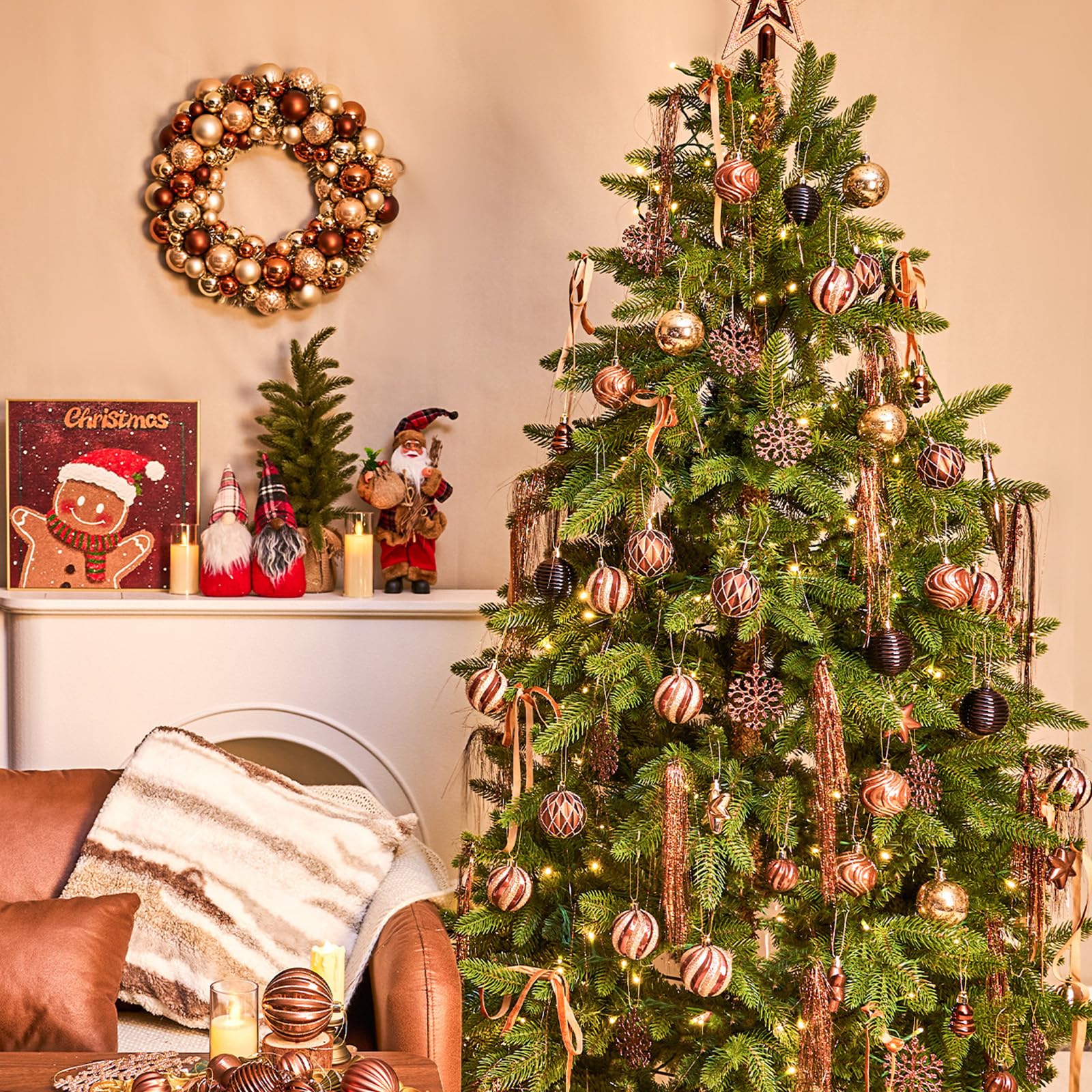 JORNOY Adornos de bolas de Navidad, 30 unidades, irrompibles, juego de bombillas colgantes con cuerda para decoración de fiestas en el hogar, 60 mm, marrón y dorado