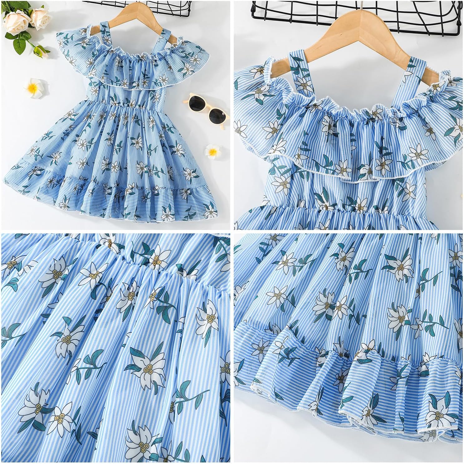 AGQT Toddler Girls Summer Off Shoulder Floral Dress Boho Princess Chiffon Ruffle Sundress for Beach Wedding Vacation 1-8T - Image 6