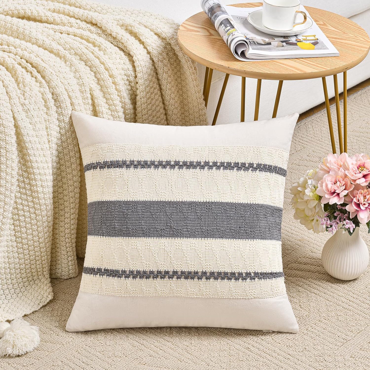 Fancy Homi Set of 2 Neutral Grey Farmhouse Decorative Throw Pillow Covers 16x16 Inch for Couch Bed Chair Indoors, Vintage Country Rustic Retro Room Decor, Soft Thick Cotton Handmade Woven Cushion Case - Image 2