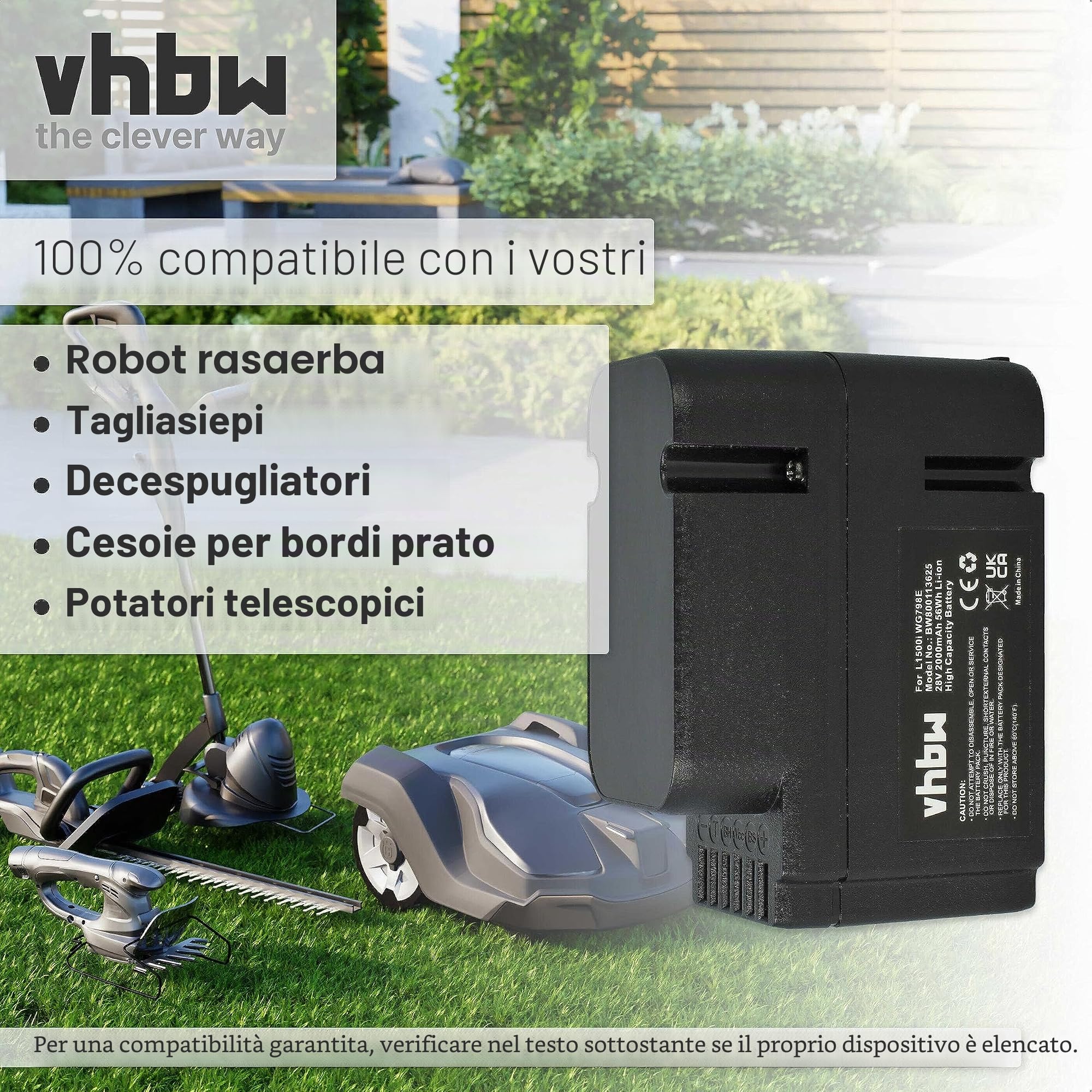 vhbw batteria compatibile con Worx Landroid L1500i WG798E,M 500B WG755E,M WG794E,M WG794EDC robot rasaerba - Sostituisce WA3225, WA3565 (Li-Ion 2Ah 28V)