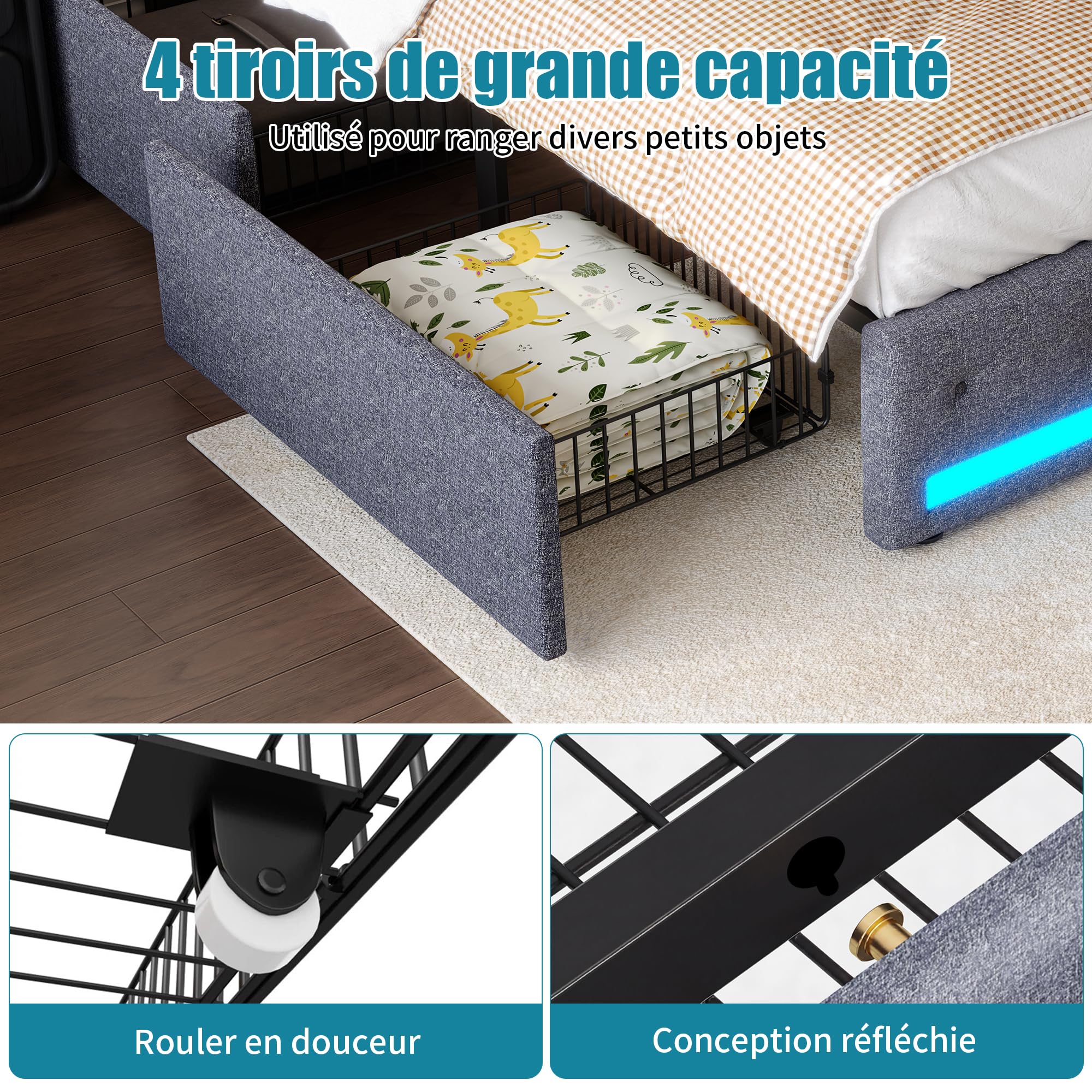 Letto matrimoniale rivestito 140 x 190 cm con 4 cassetti e stazione di ricarica USB, illuminazione a LED, telaio letto matrimoniale con rete e testiera (grigio scuro-B, 140 x 190 cm)