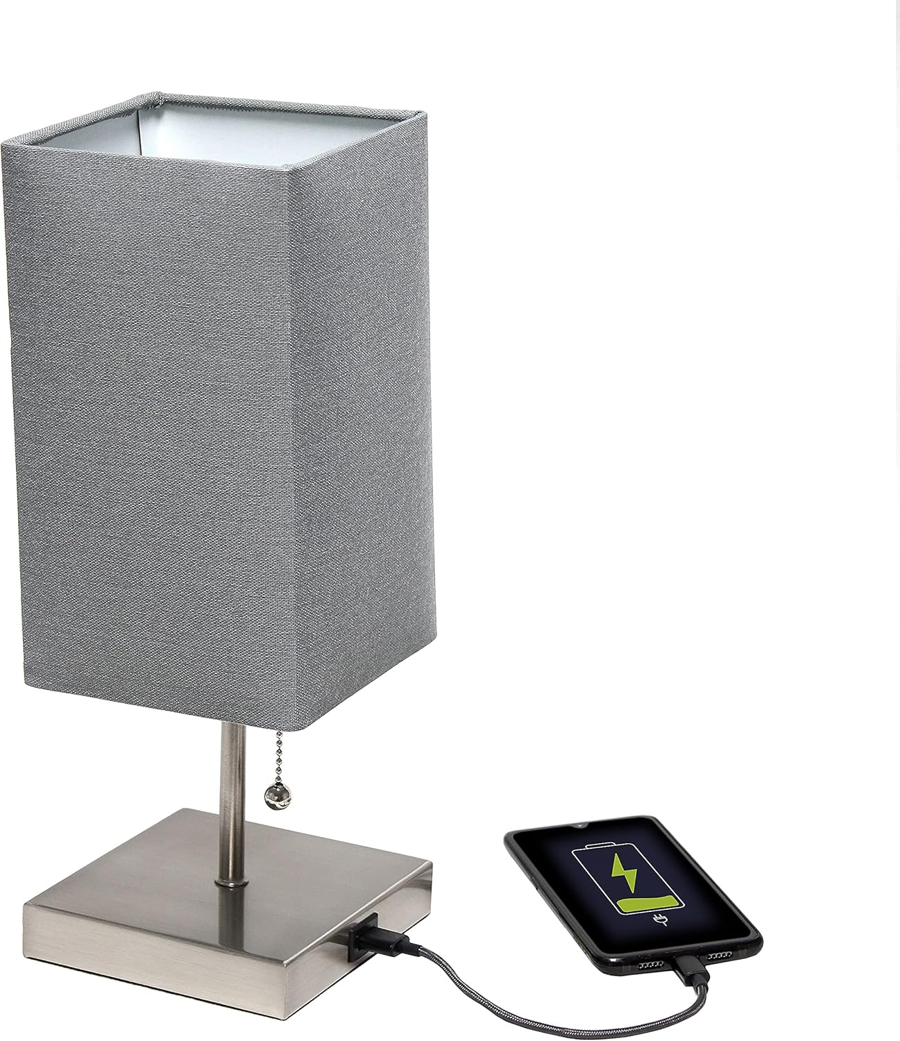 Simple Designs LT1087-GRY Petite Brushed Nickel USB Charging Bedside Night Stand Table Lamp Pull Chain Switch, Gray Fabric Shade (Pack of 2)