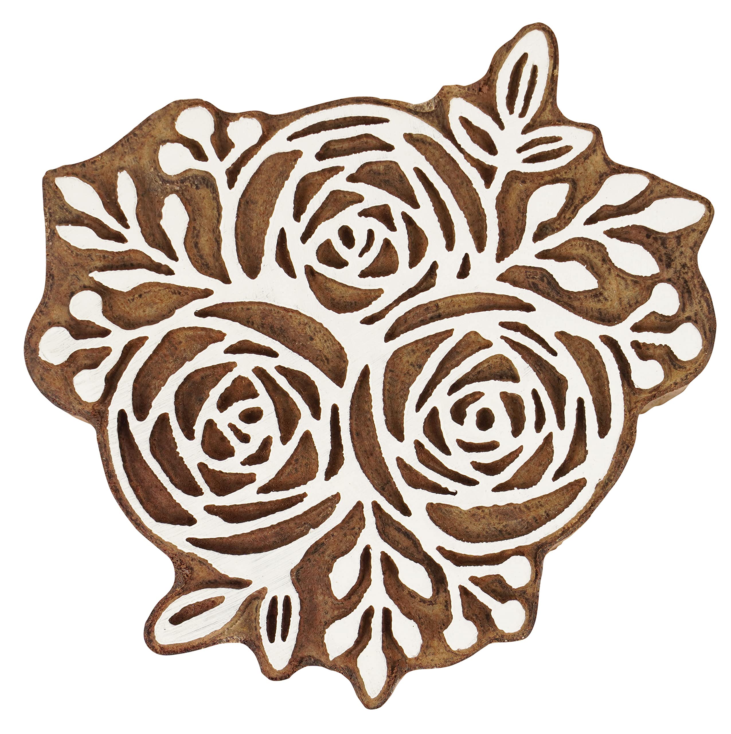 Tampon en bois impression textile et poterie grand bloc de bois sculpté motif rose