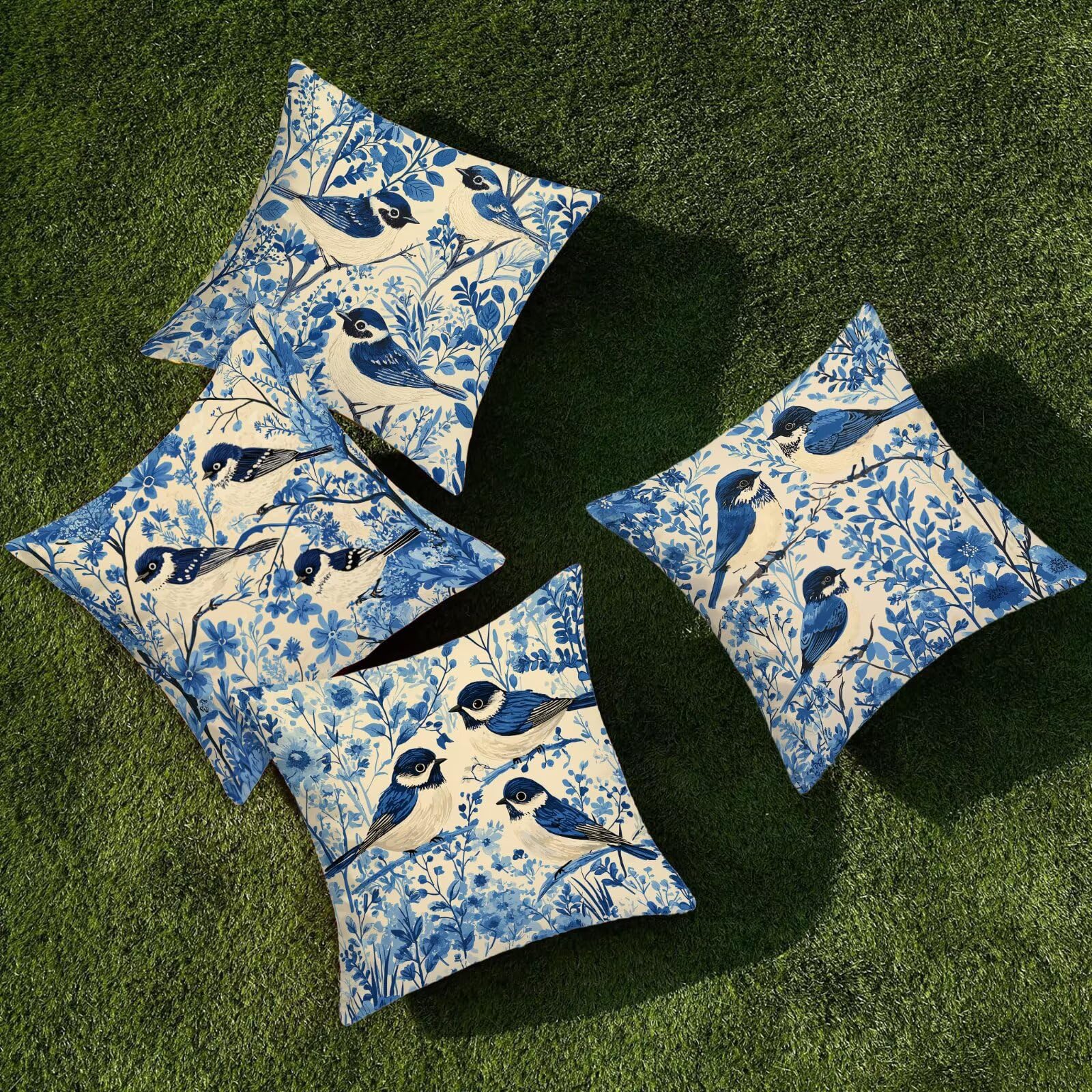 Juego de 4 Funda de Cojín Exterior Impermeable, 55x55 cm Fundas Cojínes Pájaro de Lino, Exterior Impermeable Lino Cojín Azules Decorativo, Fundas de Almohada para Patio Balcón Jardín Sofá Oficina U-69