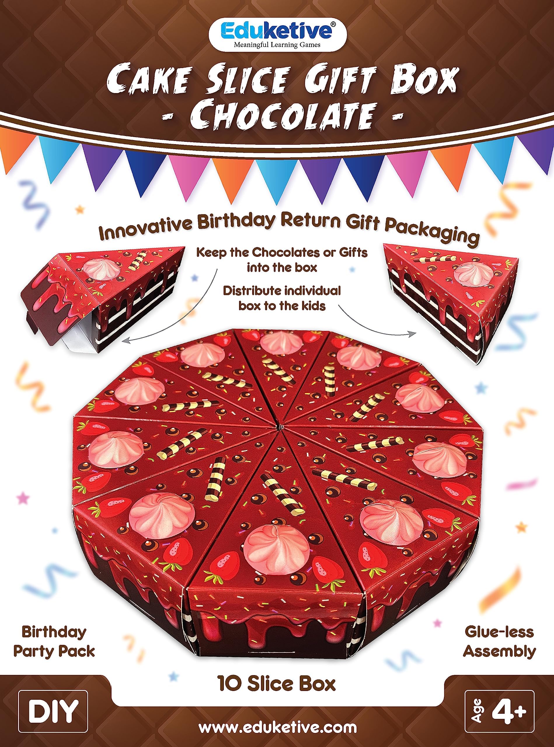Pack of 3 Chocolate Cake Slice Gift Box (10 Slice Cake Box) Birthday Return Gift Packaging and Sweet Distribution for Kids Party or event