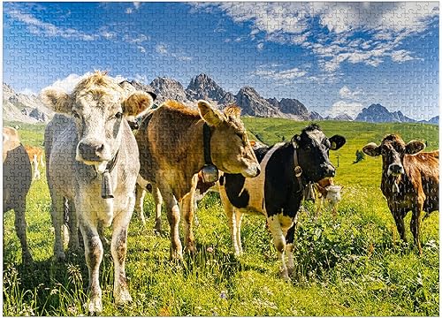 MyPuzzle Cows in Front of an Idílico Alpine Landscape - Rompecabezas prémium de 1000 piezas para adultos
